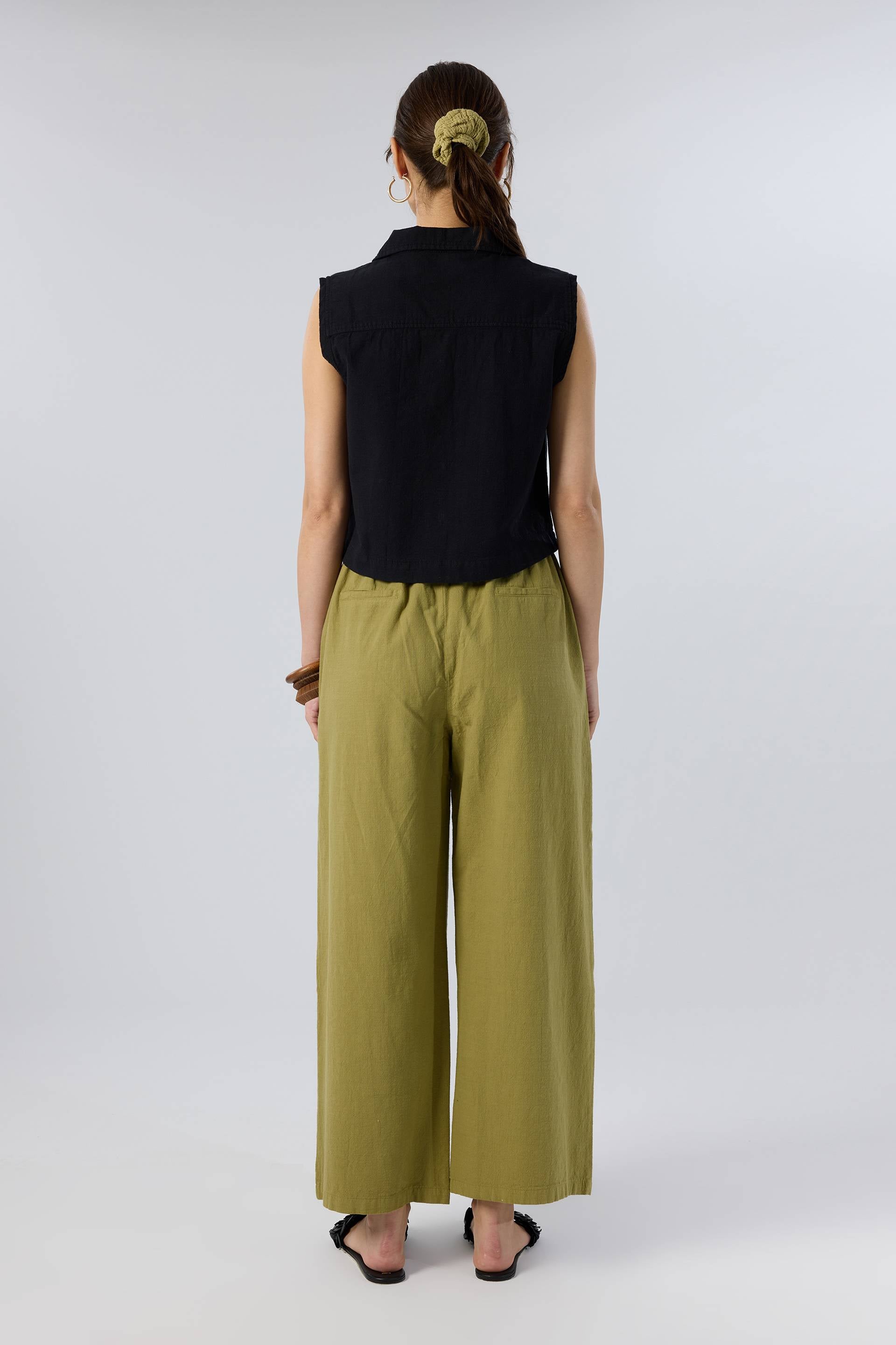 Flamlı Dokulu Pamuk Palazzo Pantolon #renk_Haki