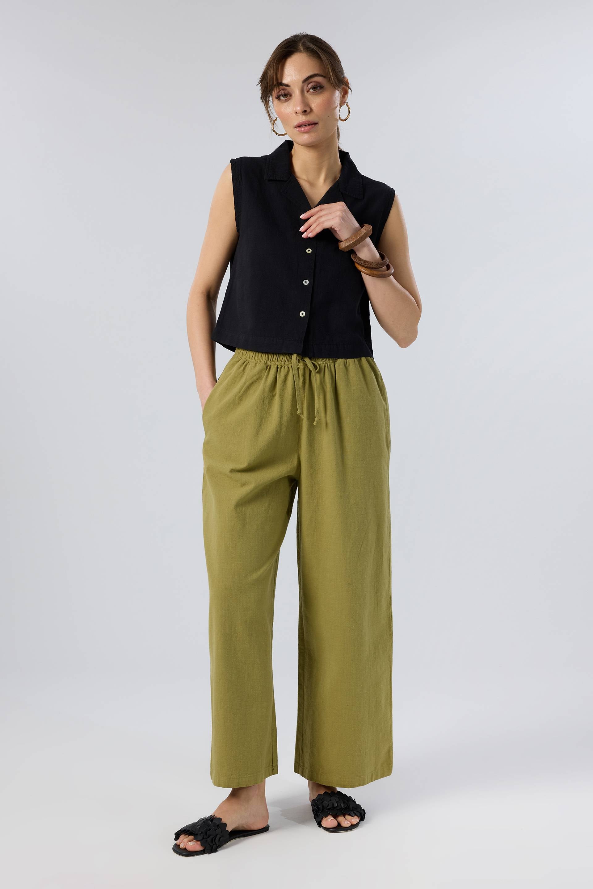 Flamlı Dokulu Pamuk Palazzo Pantolon #renk_Haki