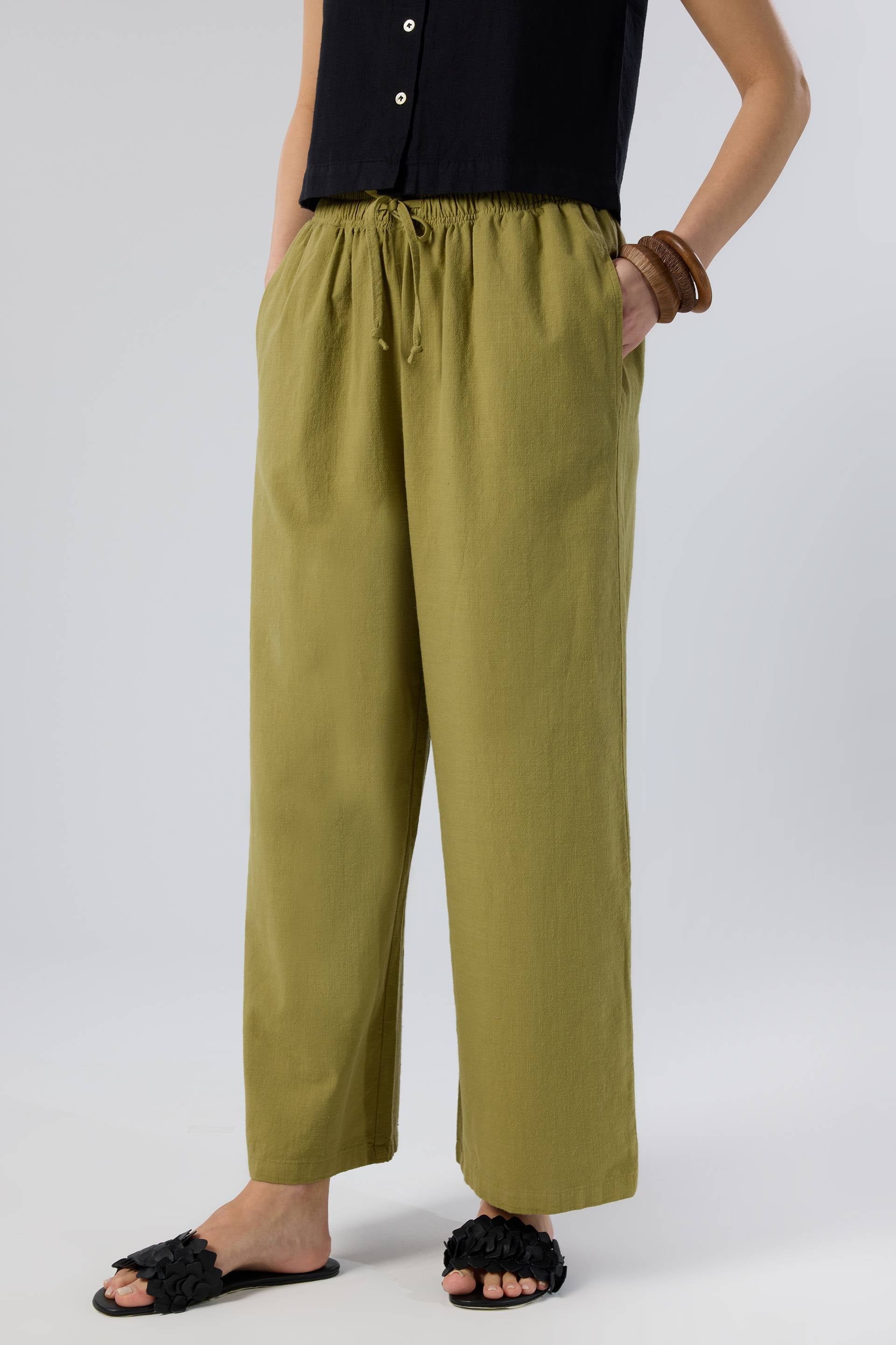 Flamlı Dokulu Pamuk Palazzo Pantolon #renk_Haki