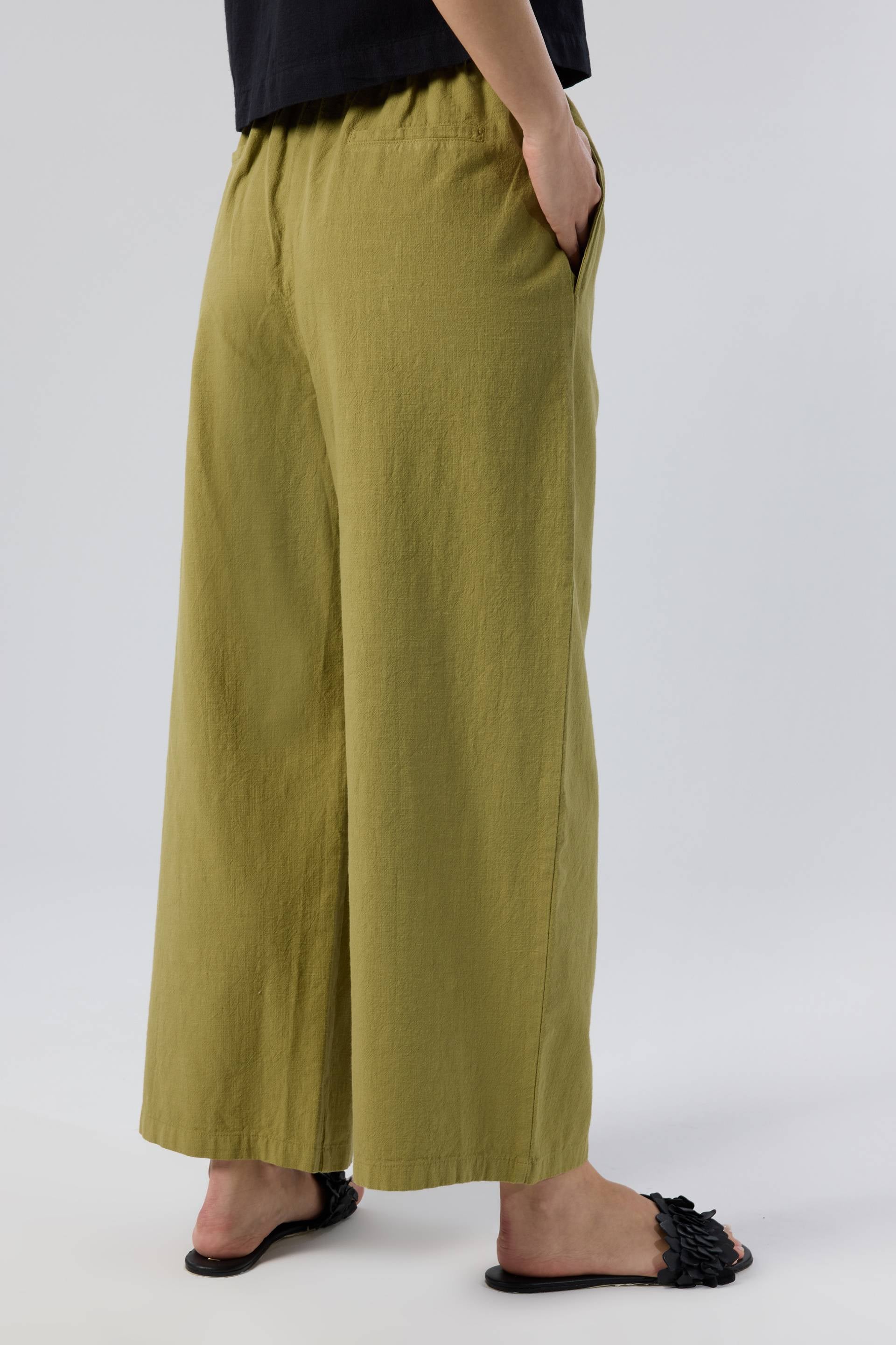 Flamlı Dokulu Pamuk Palazzo Pantolon #renk_Haki