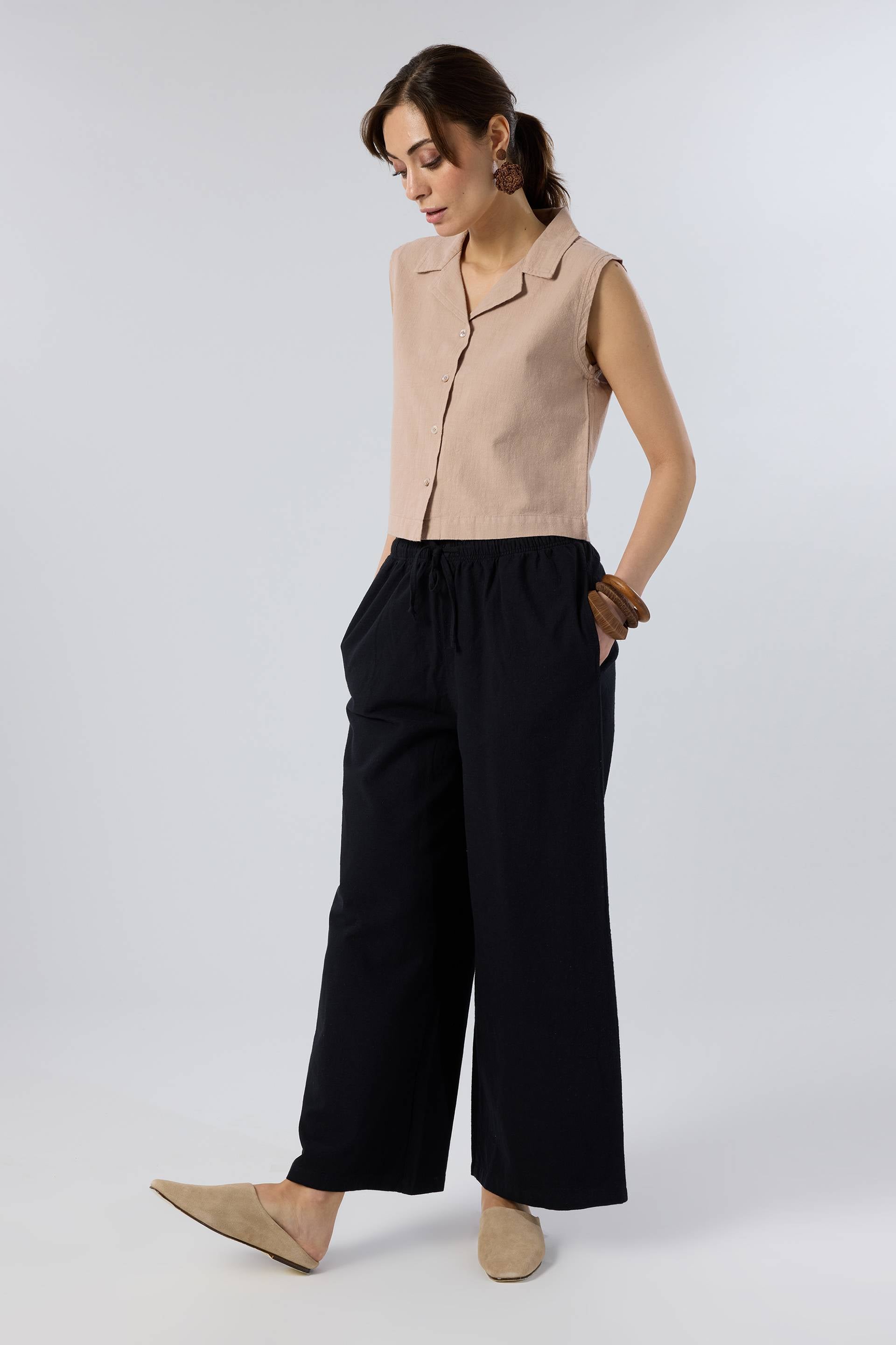 Flamlı Dokulu Pamuk Palazzo Pantolon #renk_Siyah