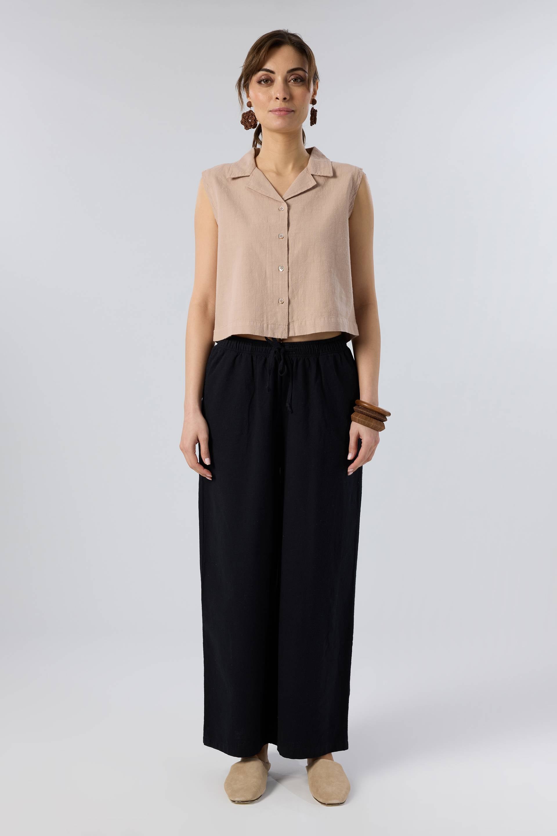 Flamlı Dokulu Pamuk Palazzo Pantolon #renk_Siyah