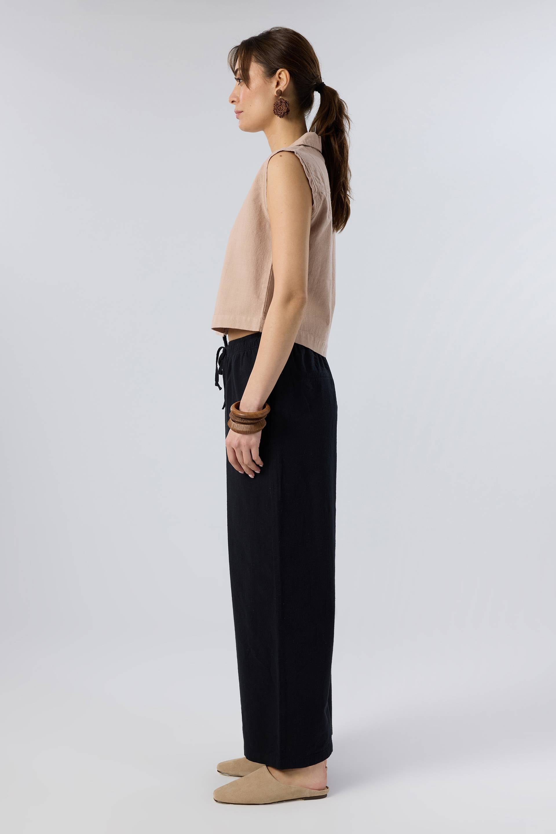 Flamlı Dokulu Pamuk Palazzo Pantolon #renk_Siyah