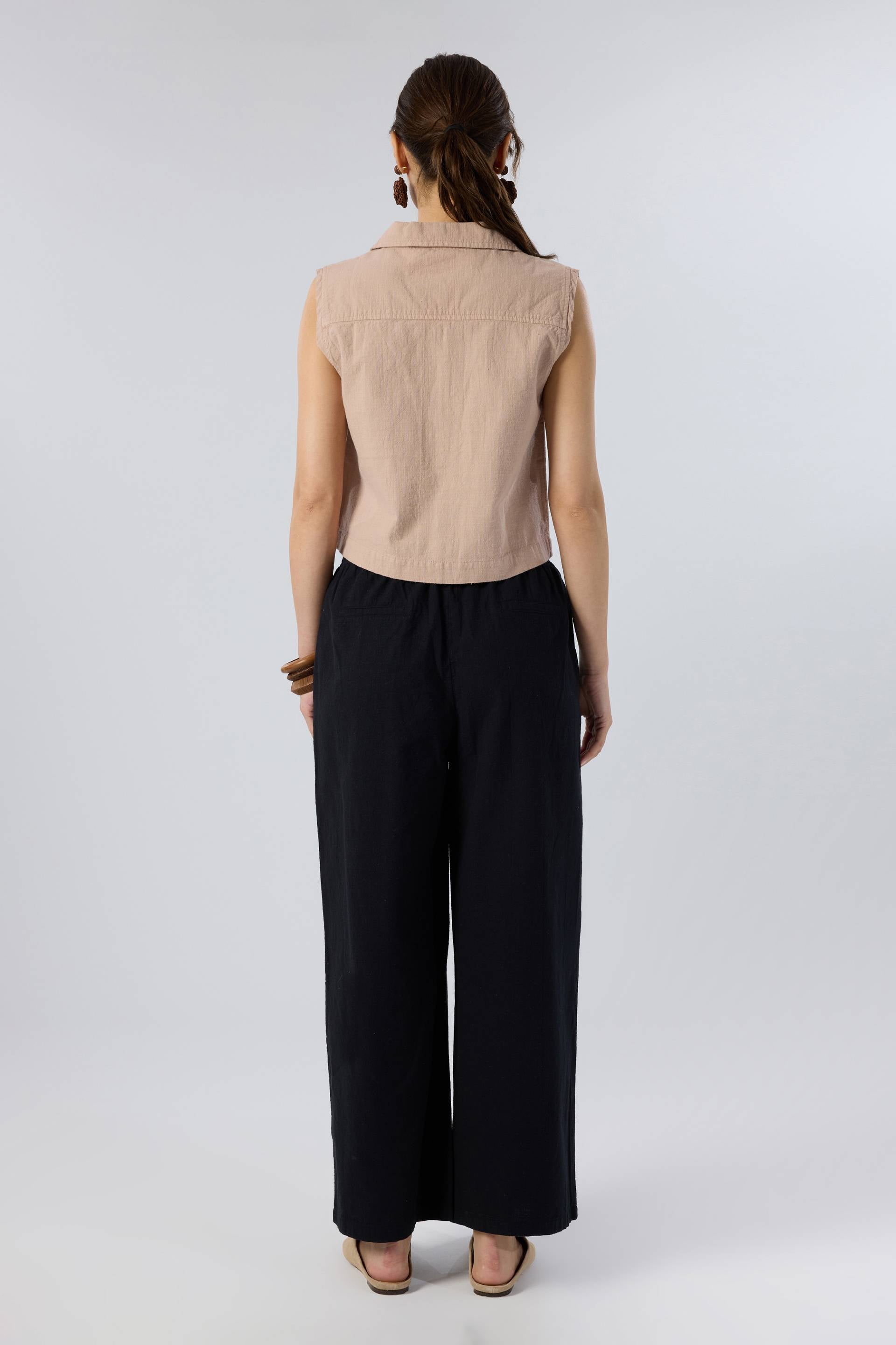 Flamlı Dokulu Pamuk Palazzo Pantolon #renk_Siyah