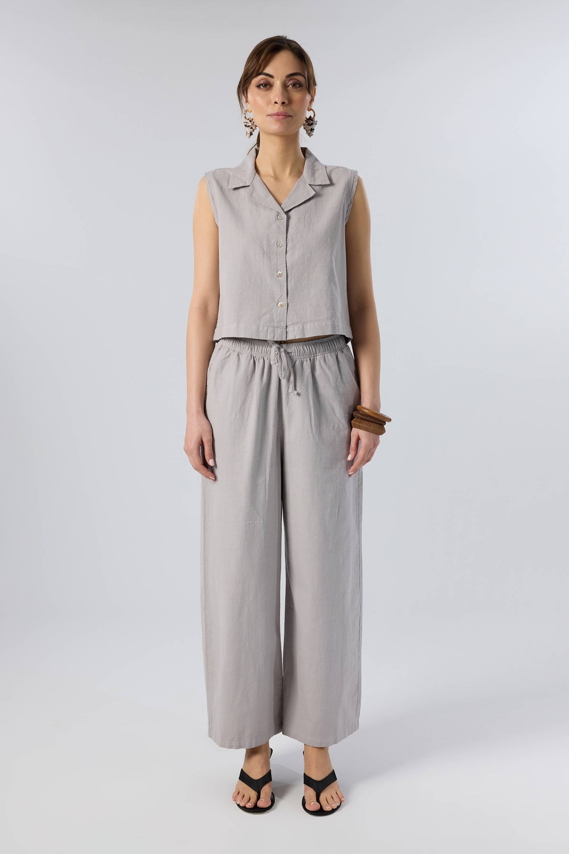 Flamlı Dokulu Pamuk Palazzo Pantolon #renk_Taş Gri