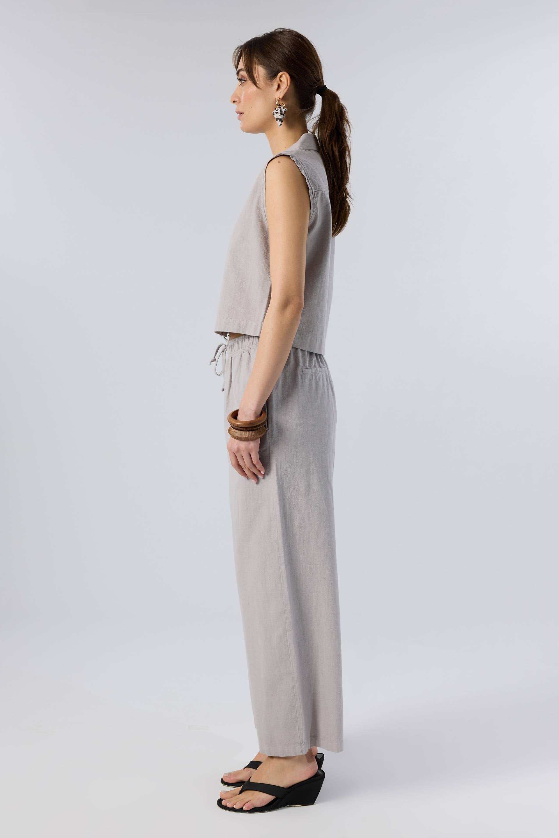 Flamlı Dokulu Pamuk Palazzo Pantolon #renk_Taş Gri