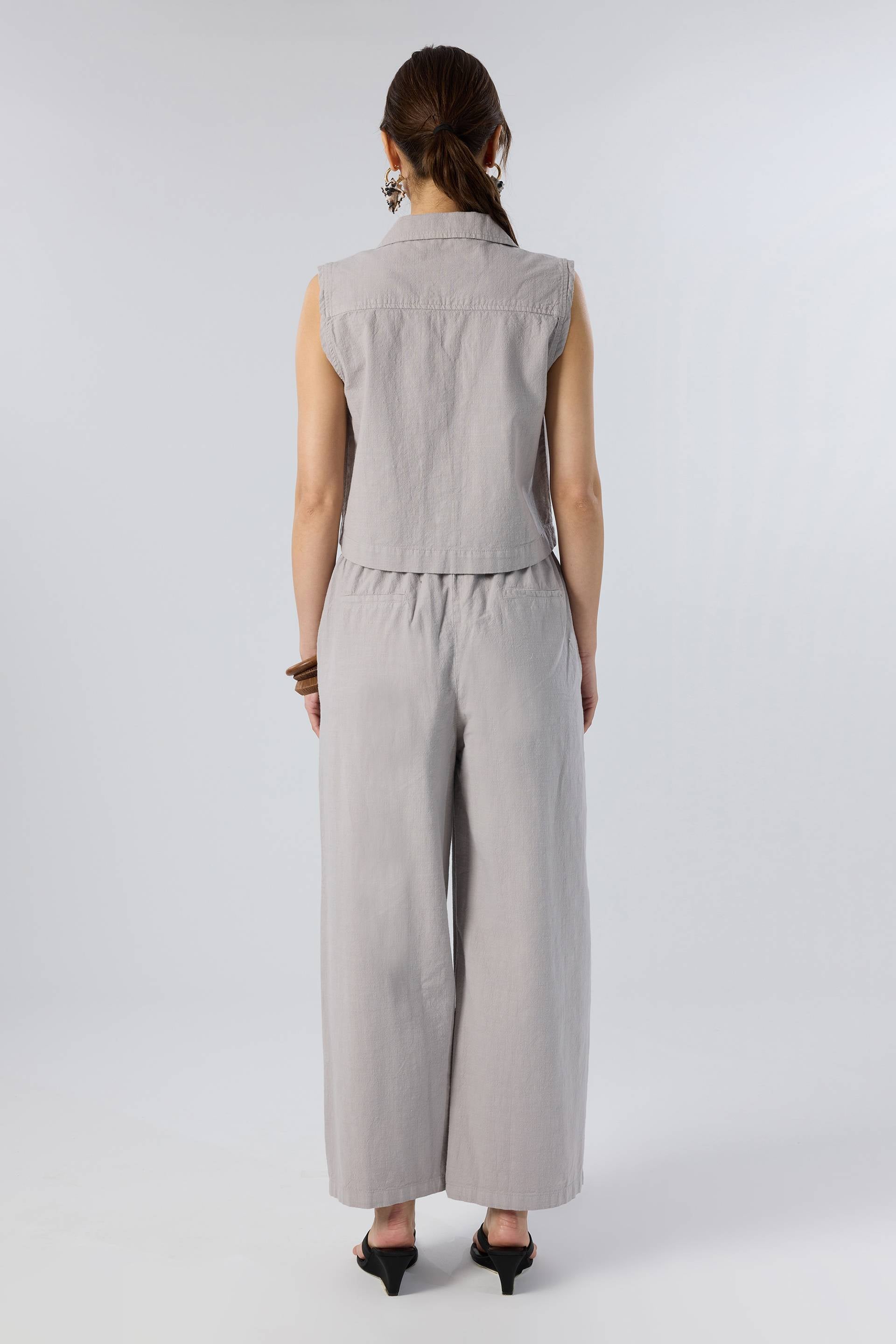 Flamlı Dokulu Pamuk Palazzo Pantolon #renk_Taş Gri