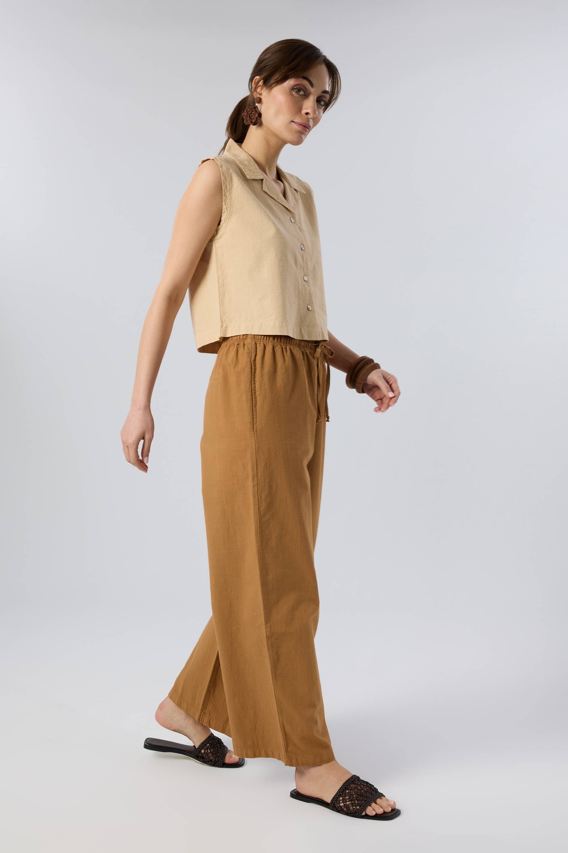 Flamlı Dokulu Pamuk Palazzo Pantolon #renk_Terra Cotta