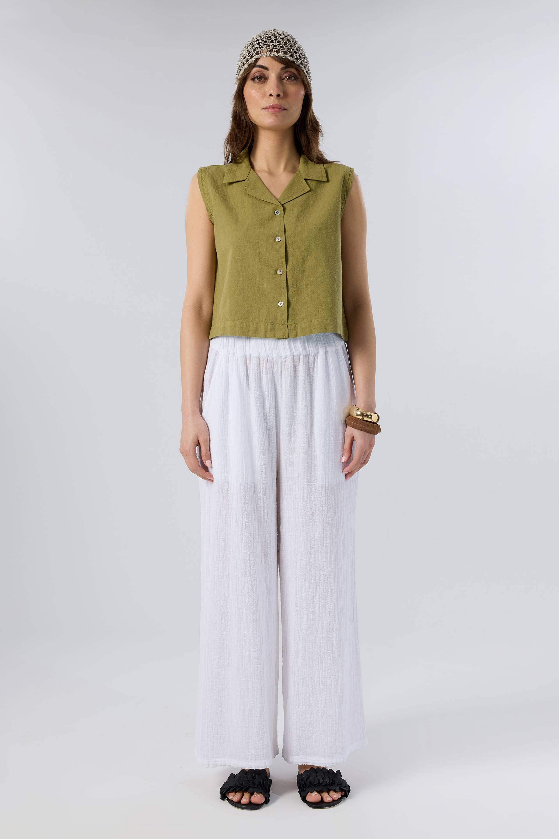 Flamlı Dokulu Pamuk Palazzo Pantolon #renk_Beyaz