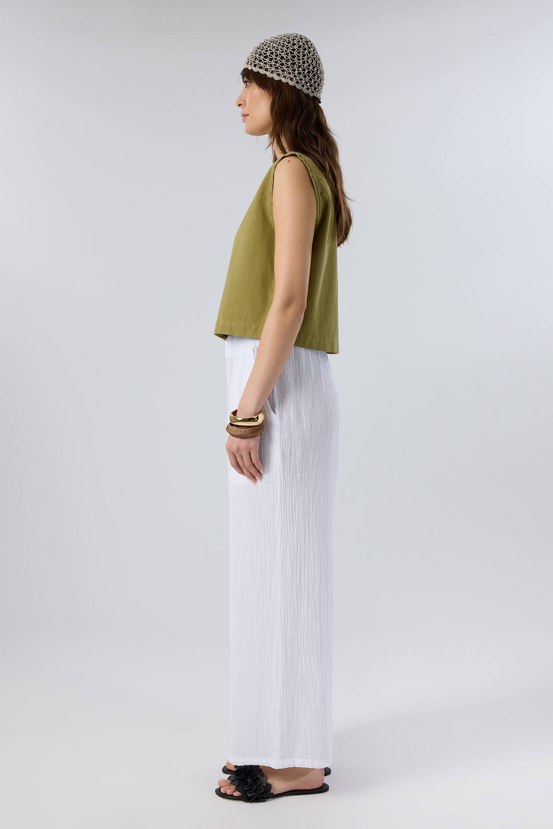 Flamlı Dokulu Pamuk Palazzo Pantolon #renk_Beyaz