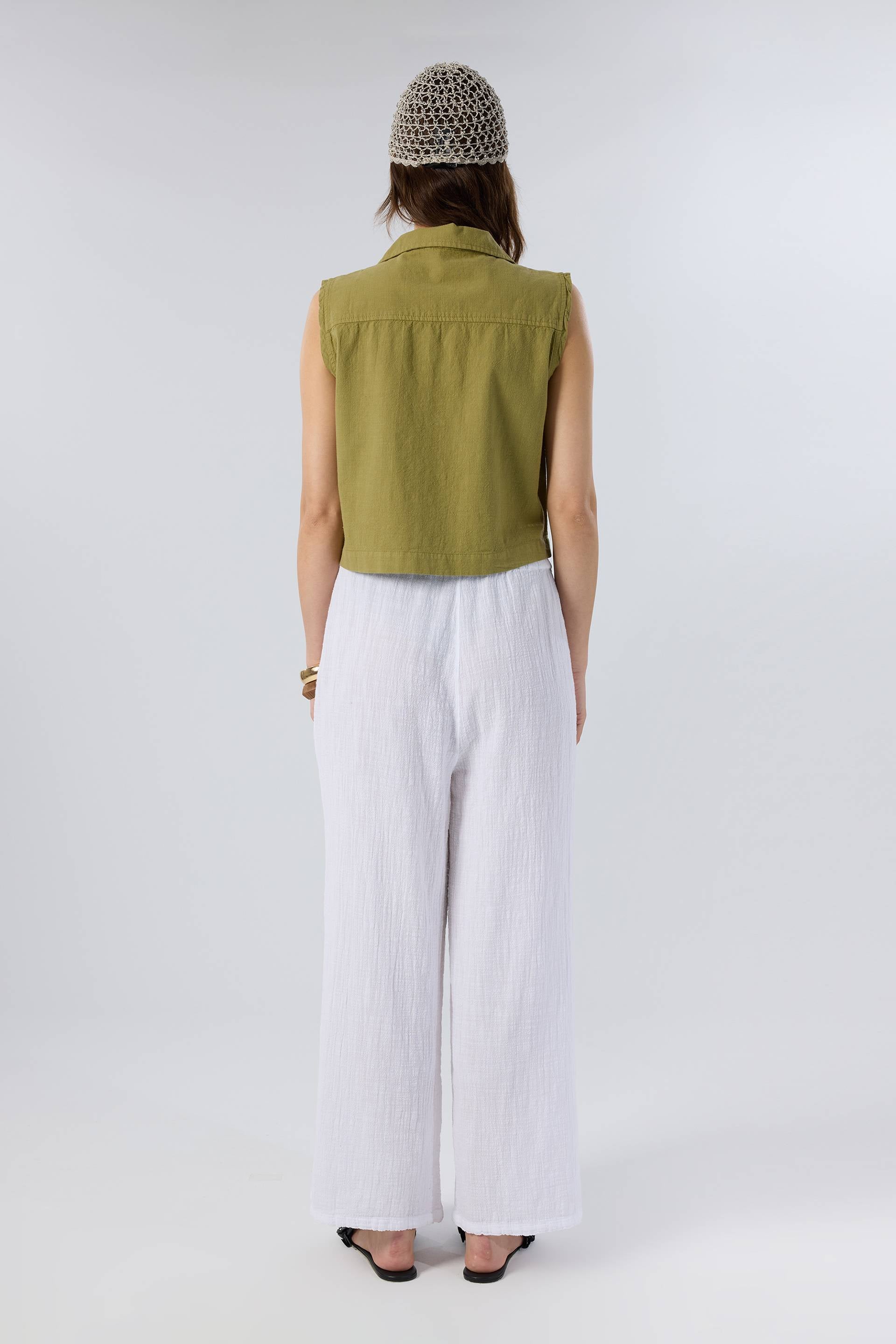 Flamlı Dokulu Pamuk Palazzo Pantolon #renk_Beyaz