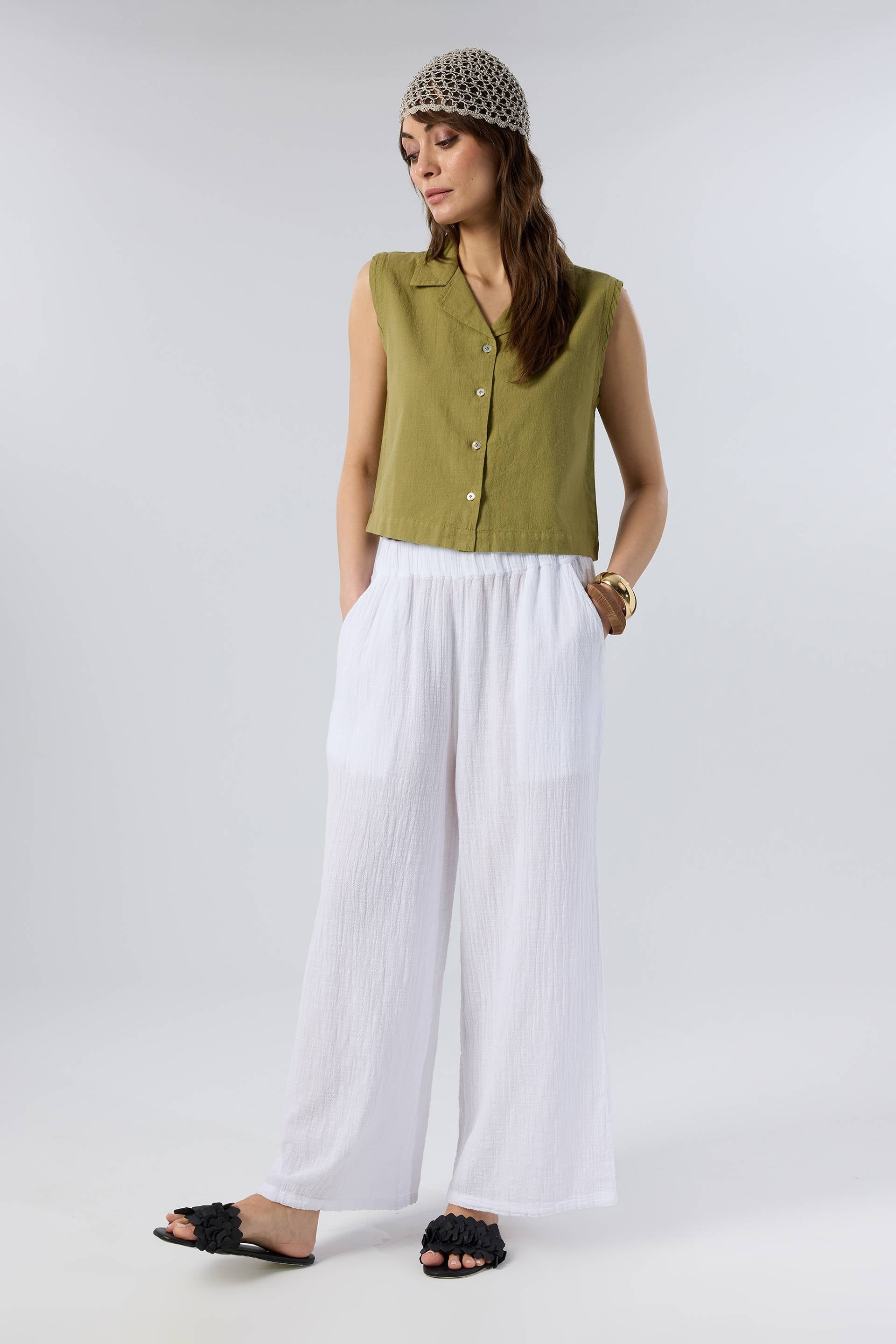 Flamlı Dokulu Pamuk Palazzo Pantolon #renk_Beyaz