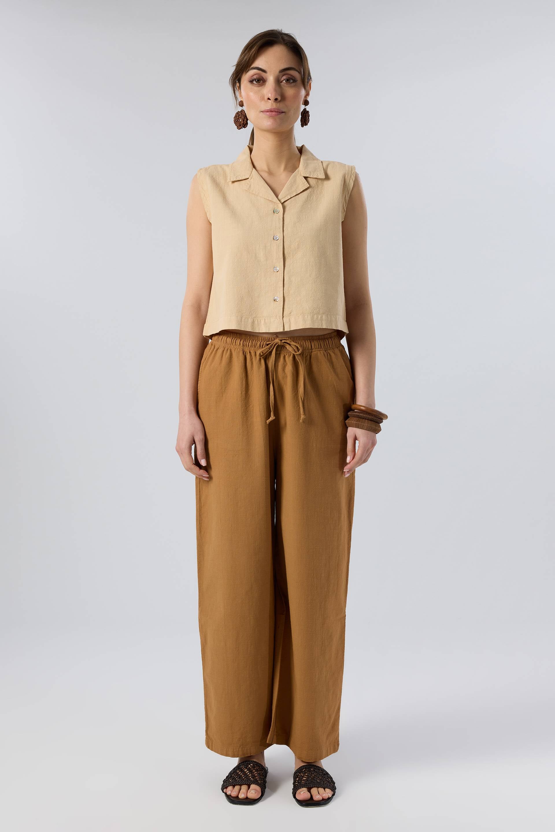 Flamlı Dokulu Pamuk Palazzo Pantolon #renk_Terra Cotta