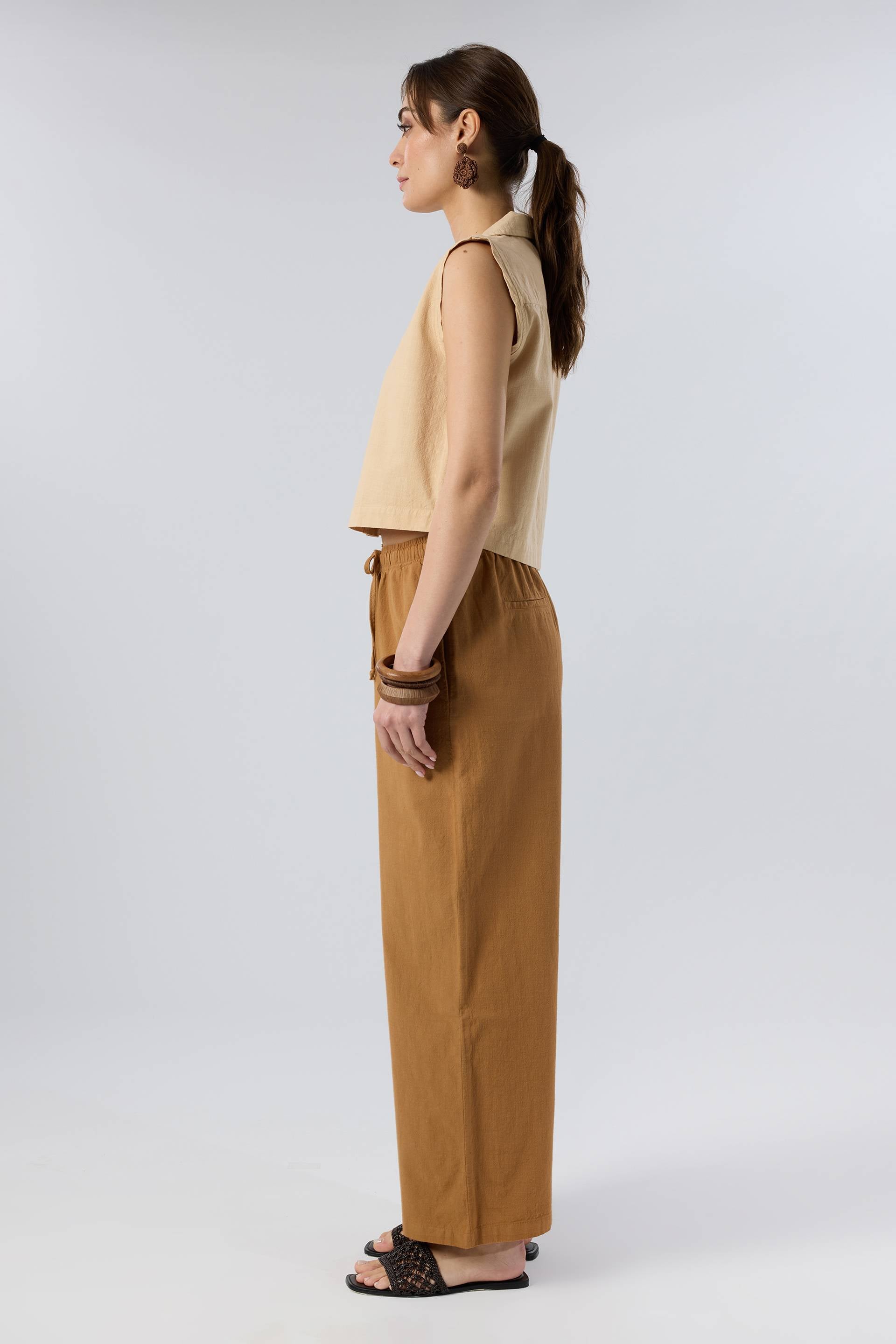 Flamlı Dokulu Pamuk Palazzo Pantolon #renk_Terra Cotta