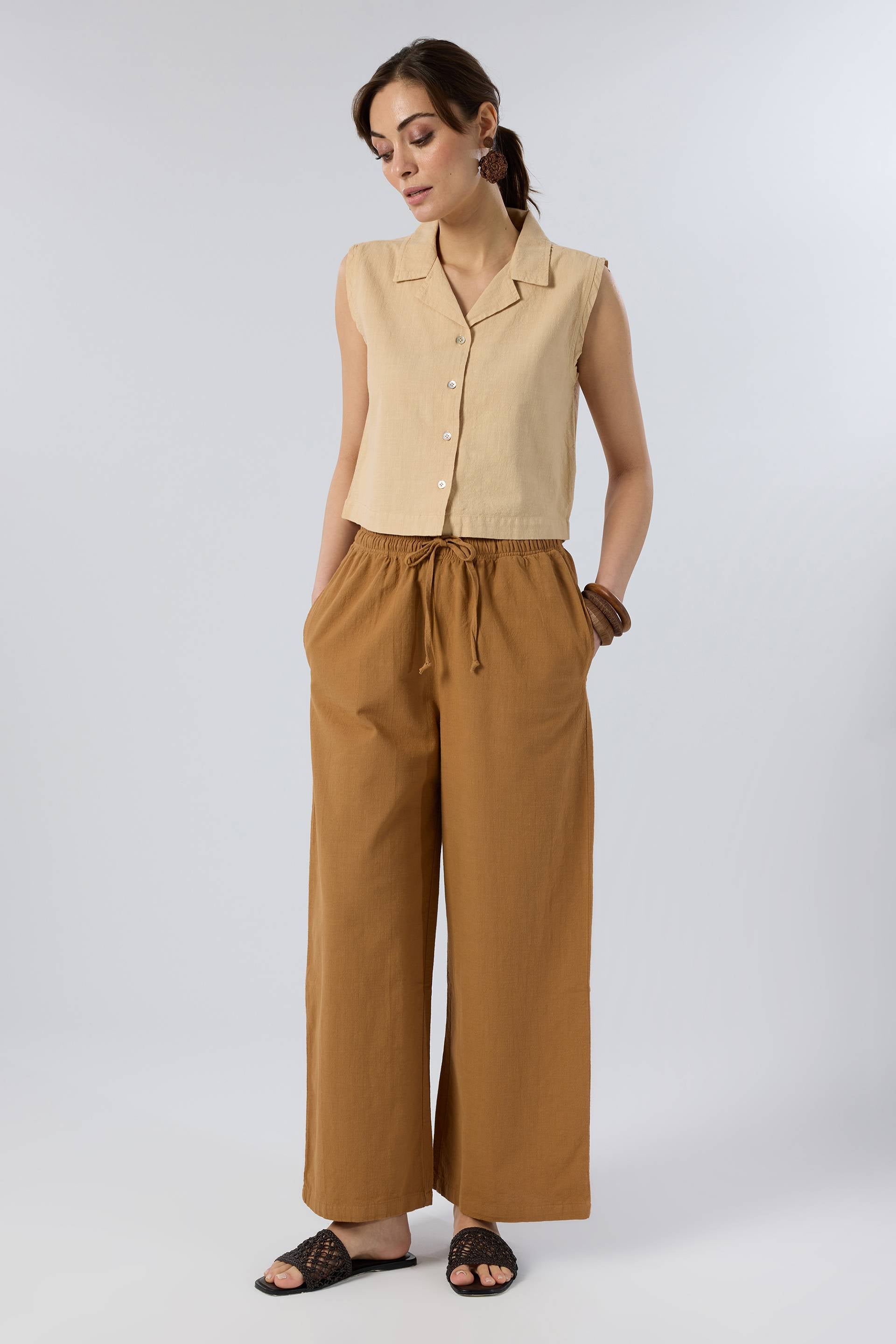 Flamlı Dokulu Pamuk Palazzo Pantolon #renk_Terra Cotta