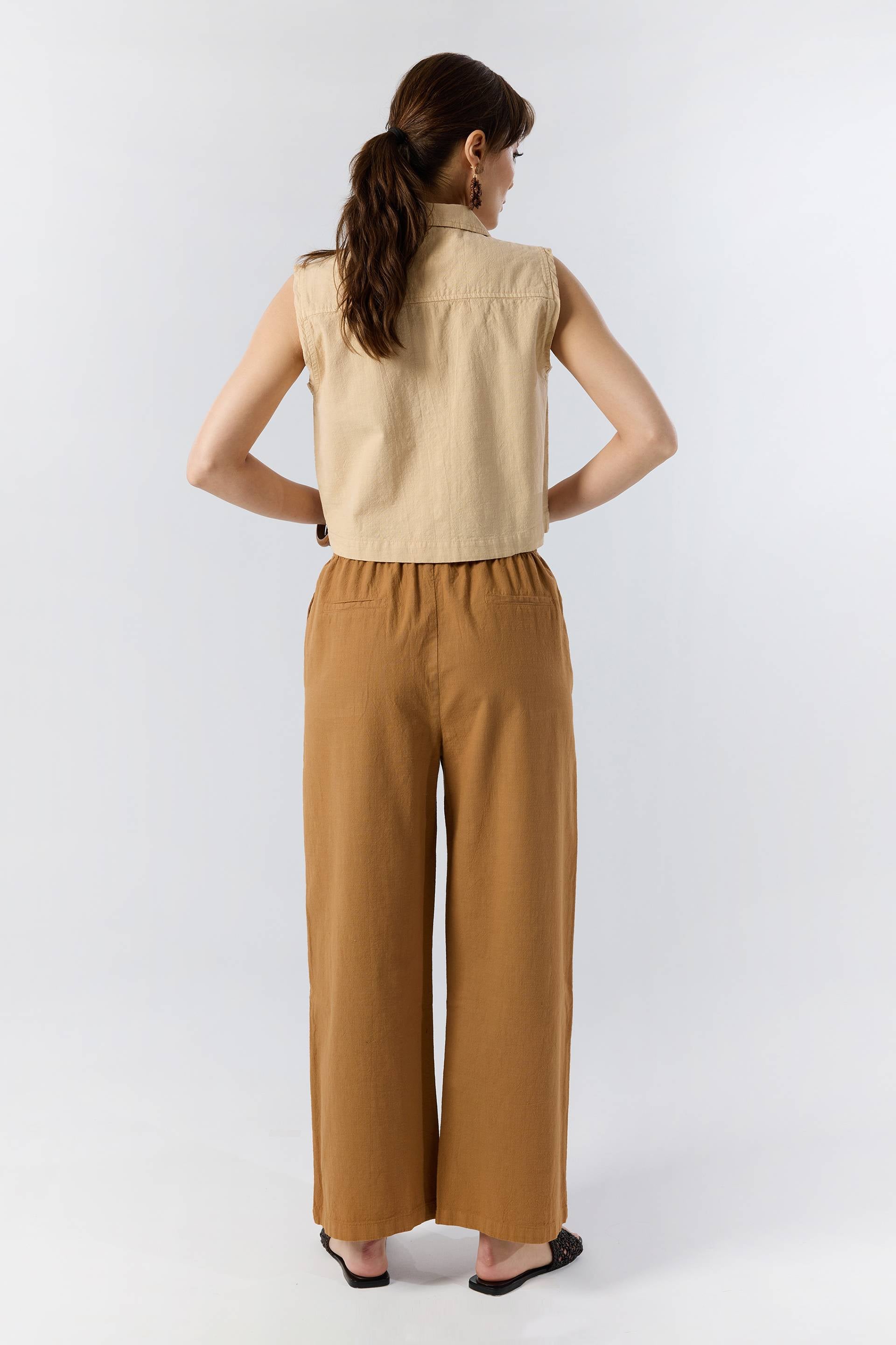 Flamlı Dokulu Pamuk Palazzo Pantolon #renk_Terra Cotta