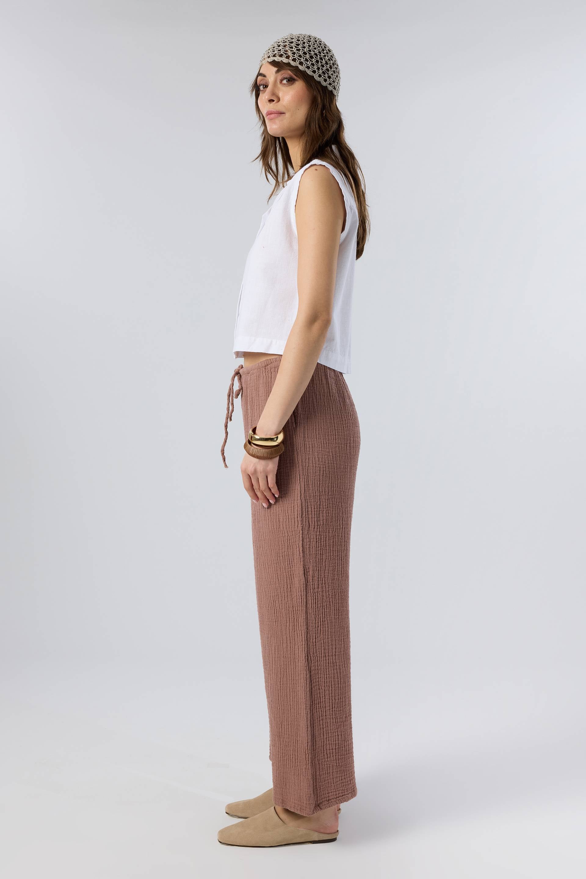 Flamlı Dokulu Pamuk Palazzo Pantolon #renk_Toprak Beji