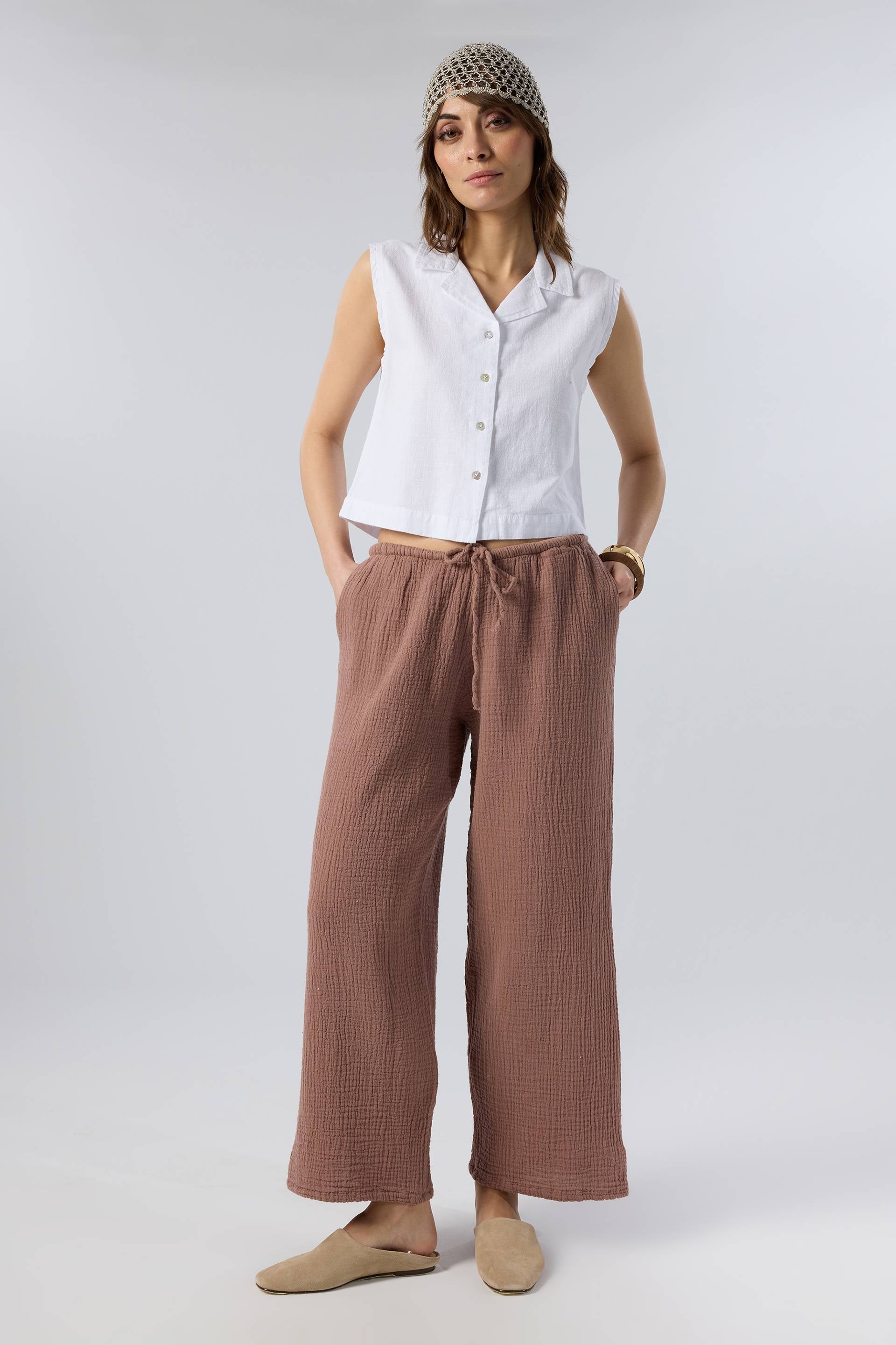 Flamlı Dokulu Pamuk Palazzo Pantolon #renk_Toprak Beji