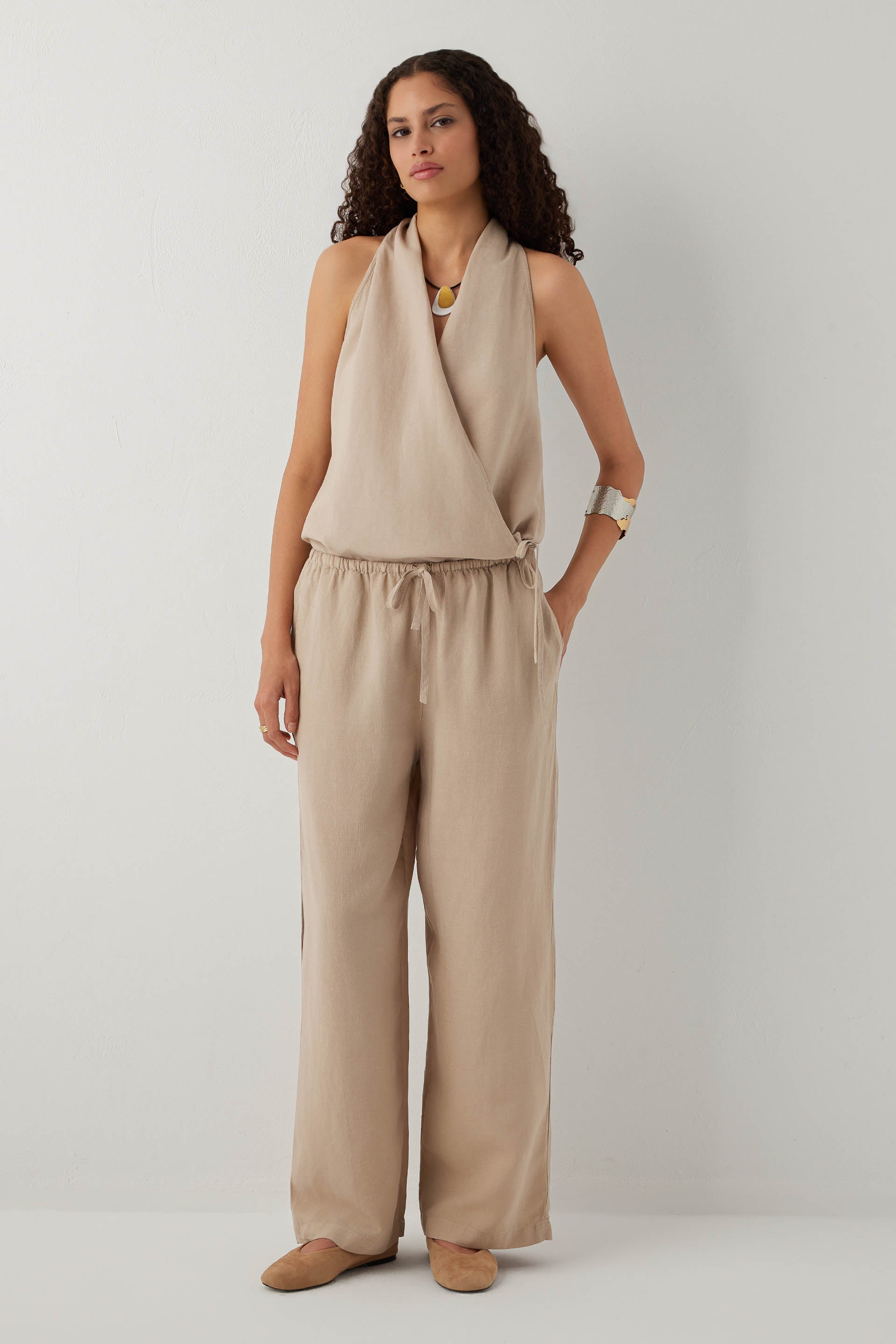 Linoflow Relax Keten Tencel Kadın Pantolon #renk_Vizon