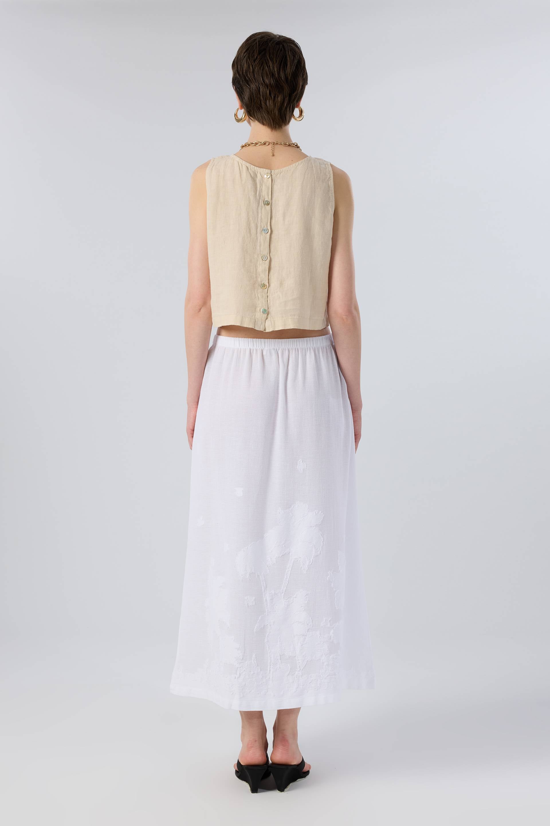 Palmiye Desenli Etamin Dokulu Midi Etek #renk_Beyaz