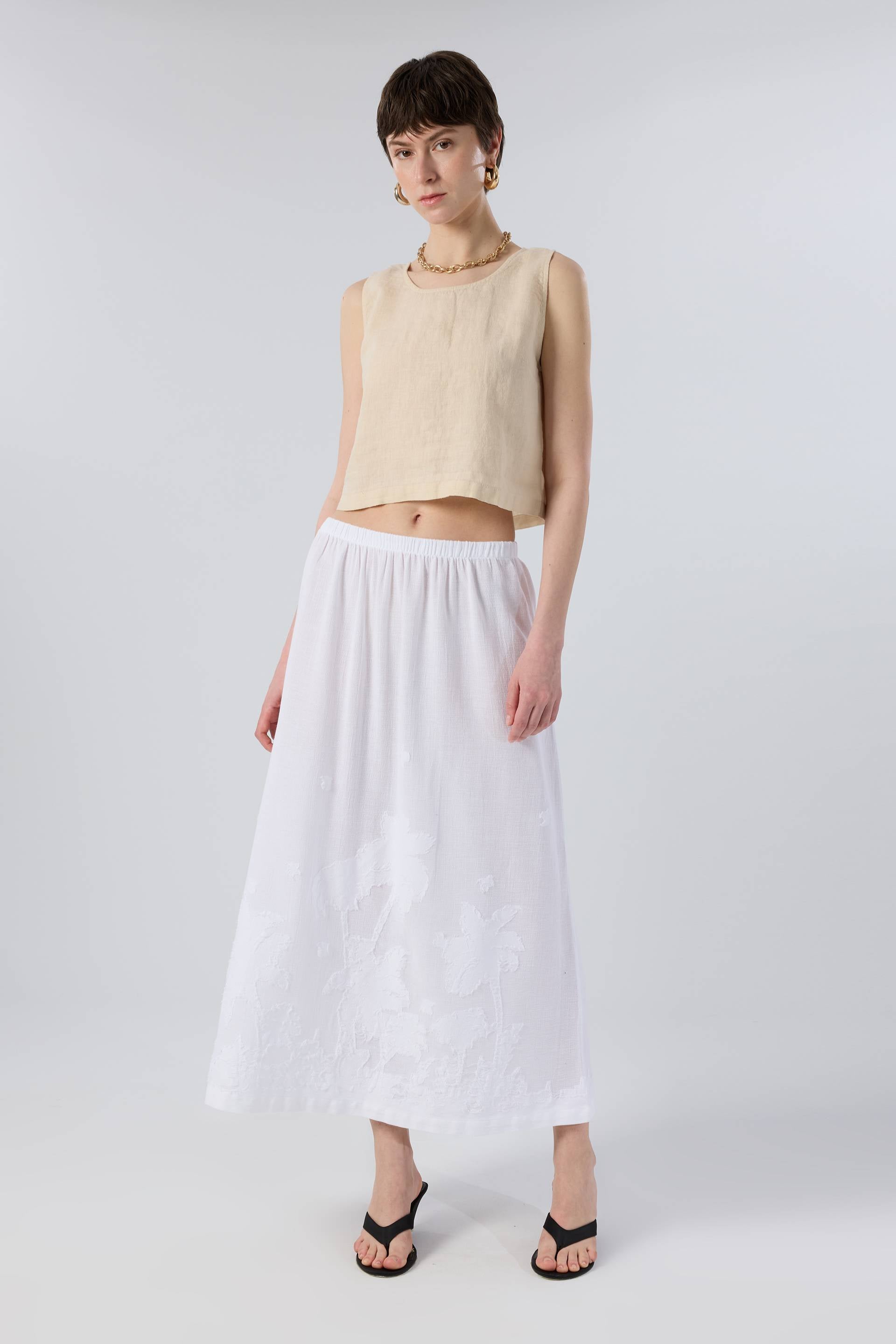 Palmiye Desenli Etamin Dokulu Midi Etek #renk_Beyaz