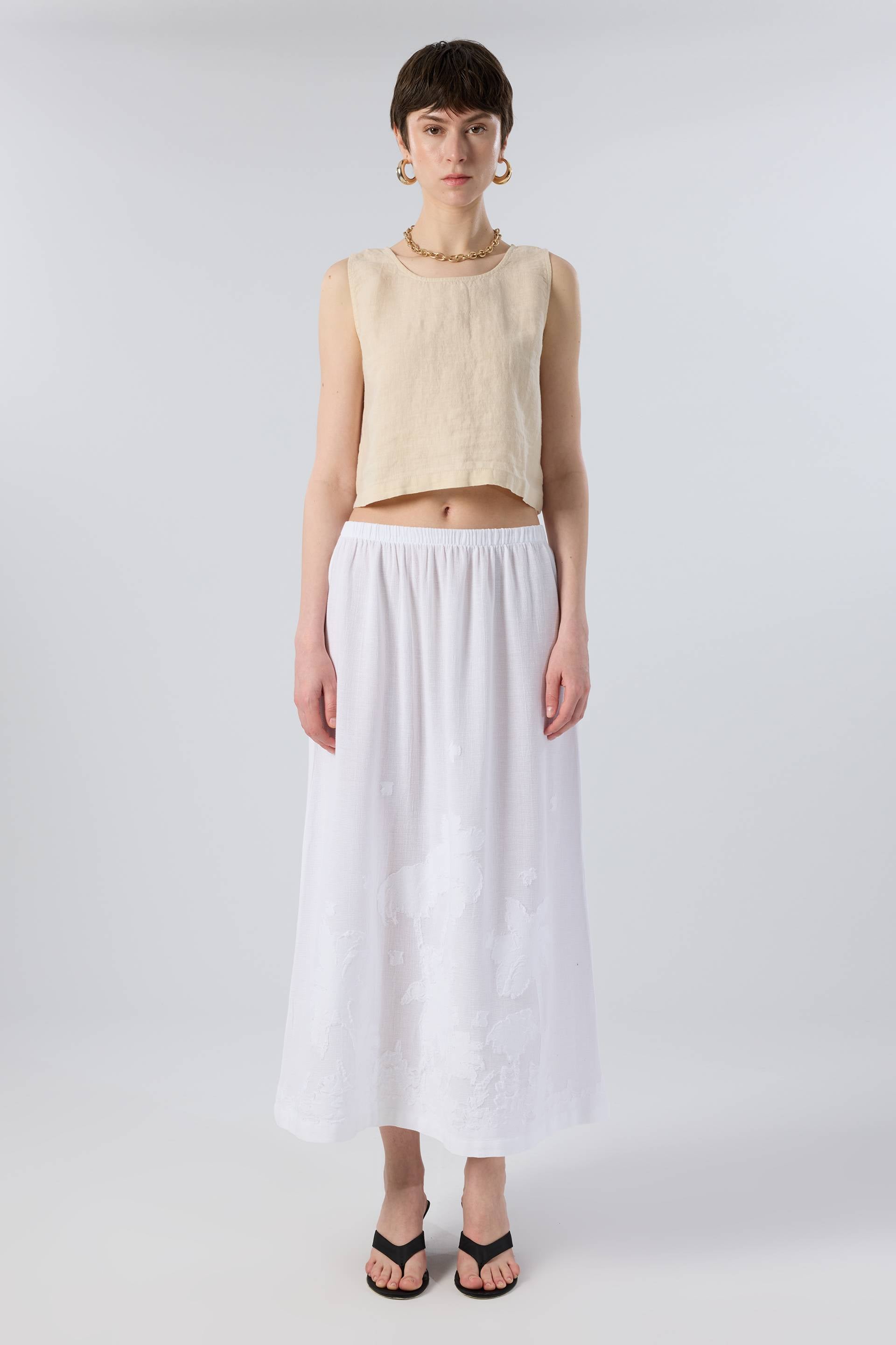 Palmiye Desenli Etamin Dokulu Midi Etek #renk_Beyaz