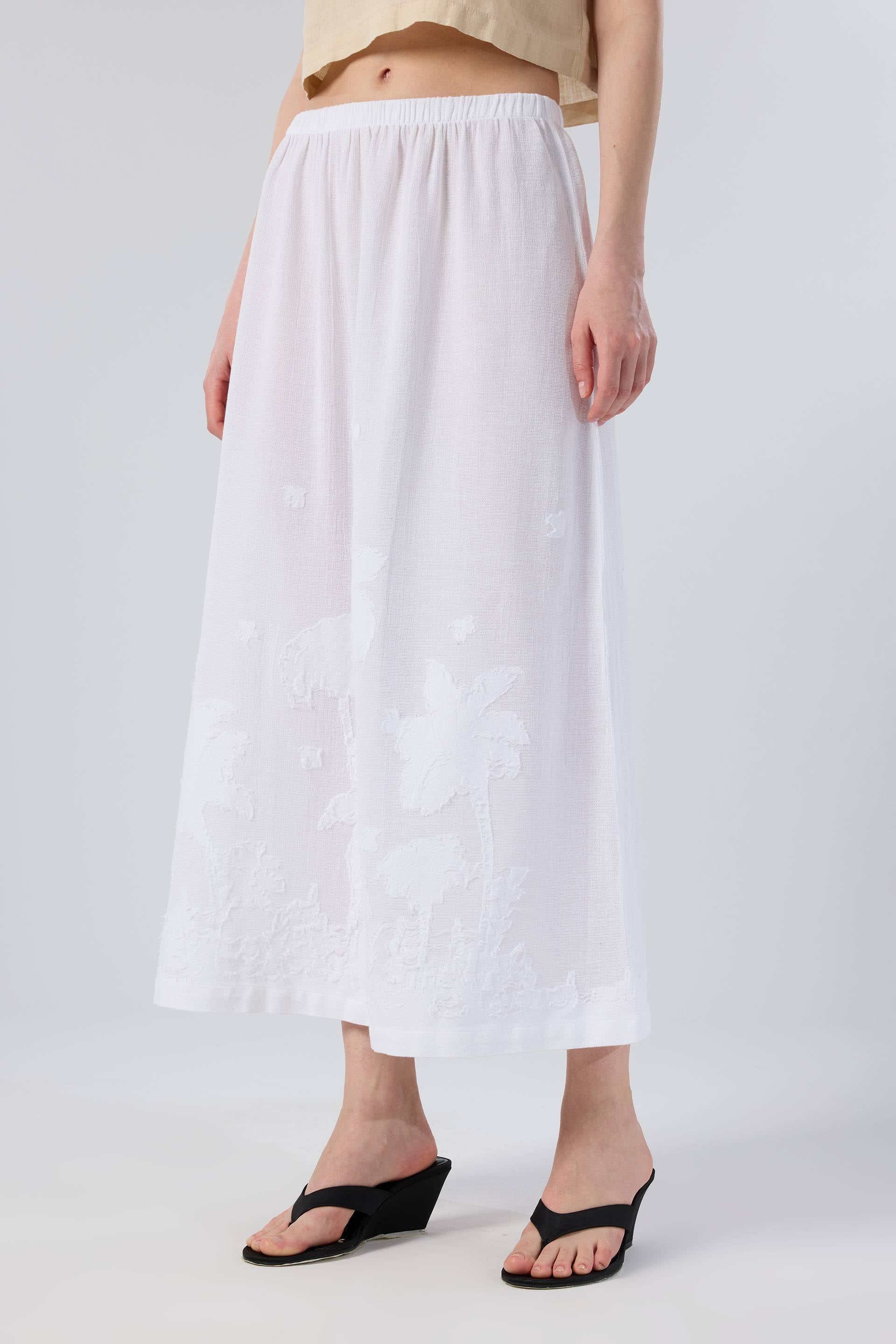 Palmiye Desenli Etamin Dokulu Midi Etek #renk_Beyaz