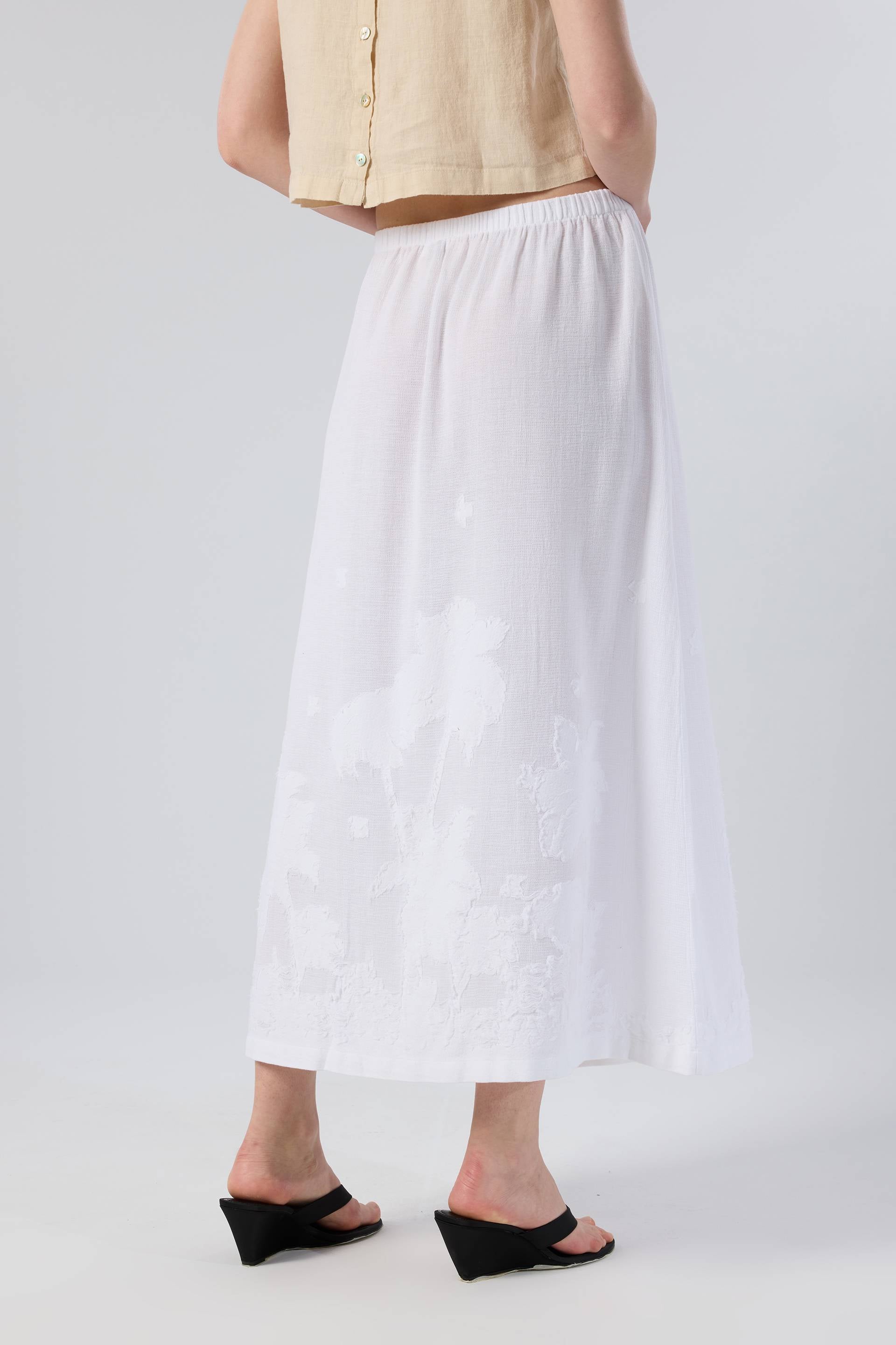 Palmiye Desenli Etamin Dokulu Midi Etek #renk_Beyaz