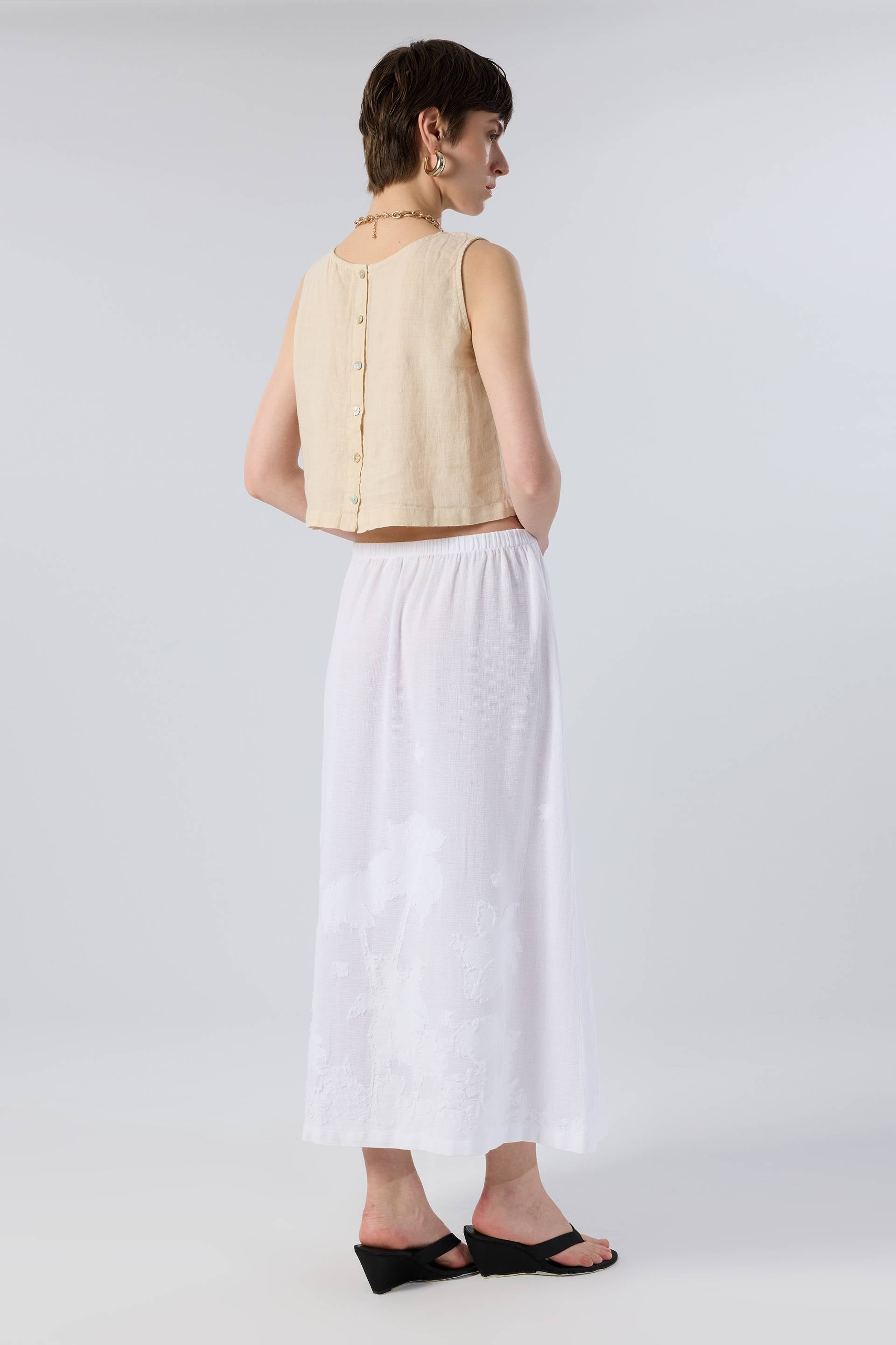 Palmiye Desenli Etamin Dokulu Midi Etek #renk_Beyaz