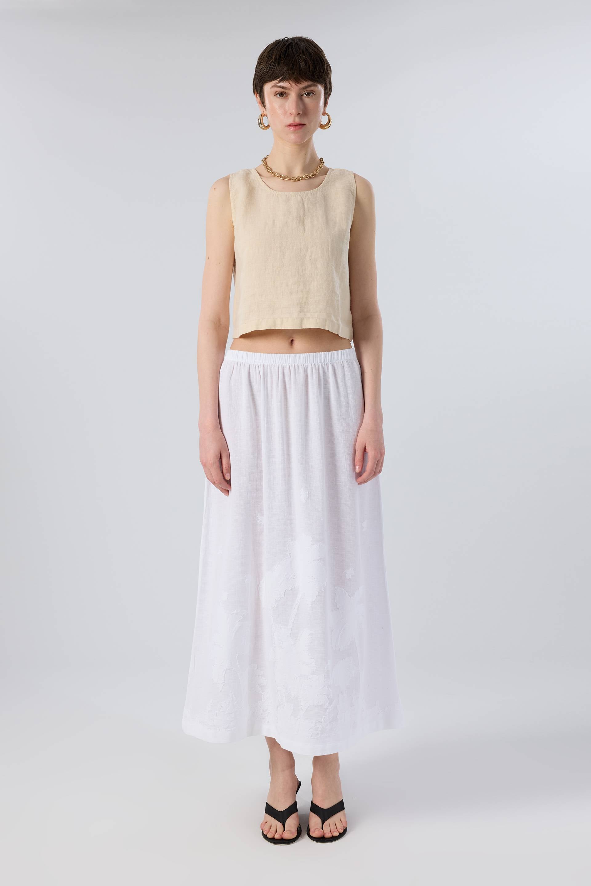 Palmiye Desenli Etamin Dokulu Midi Etek #renk_Beyaz