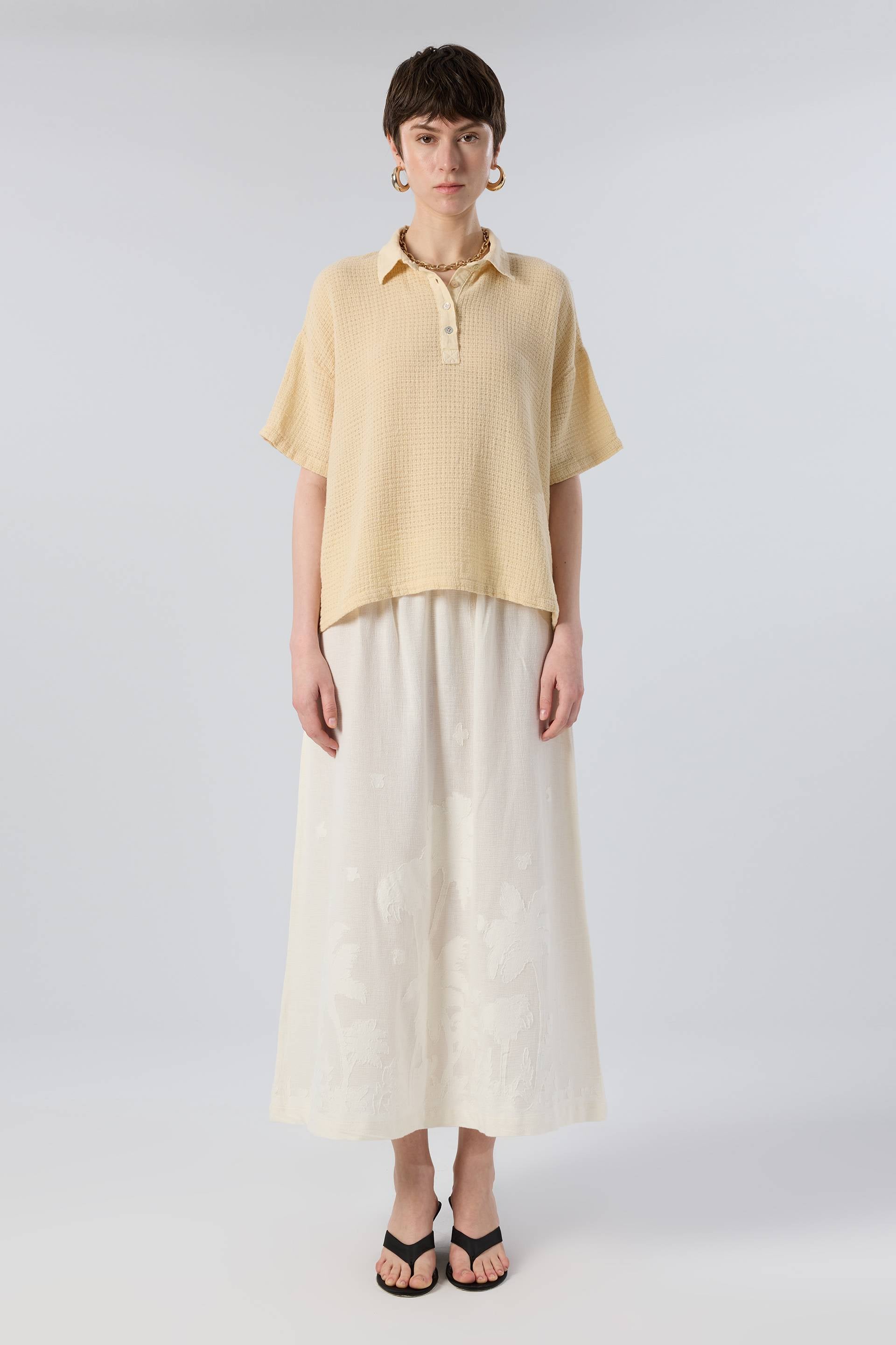 Palmiye Desenli Etamin Dokulu Midi Etek #renk_Doğal