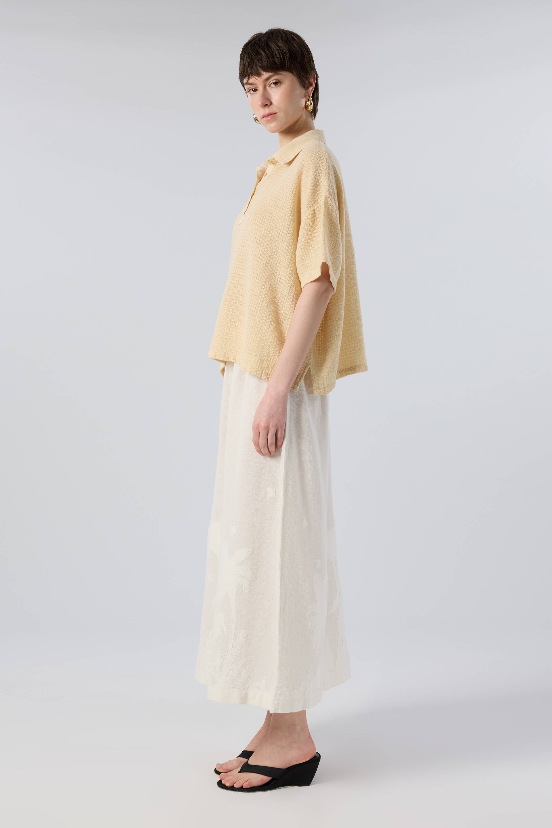 Palmiye Desenli Etamin Dokulu Midi Etek #renk_Doğal