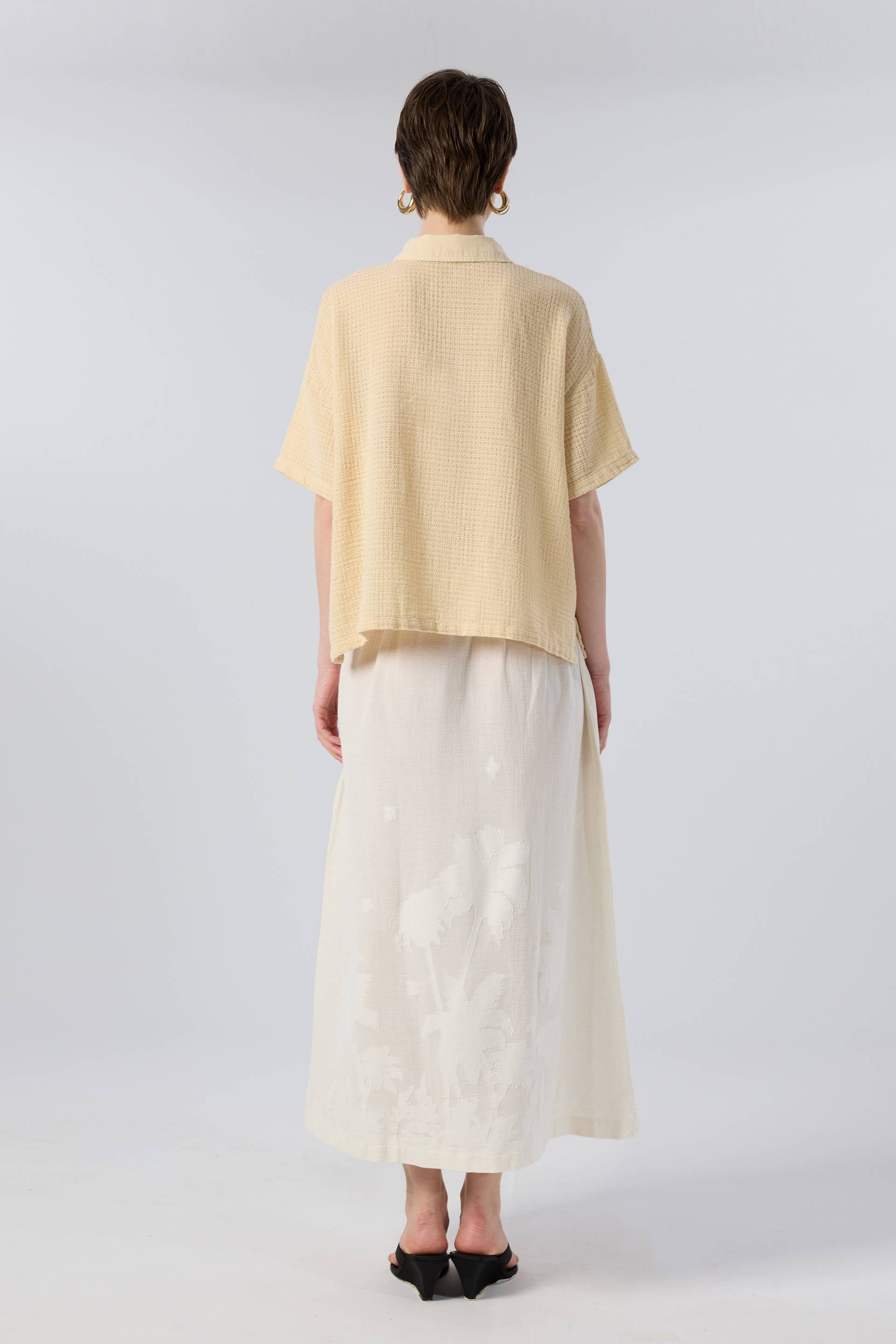 Palmiye Desenli Etamin Dokulu Midi Etek #renk_Doğal