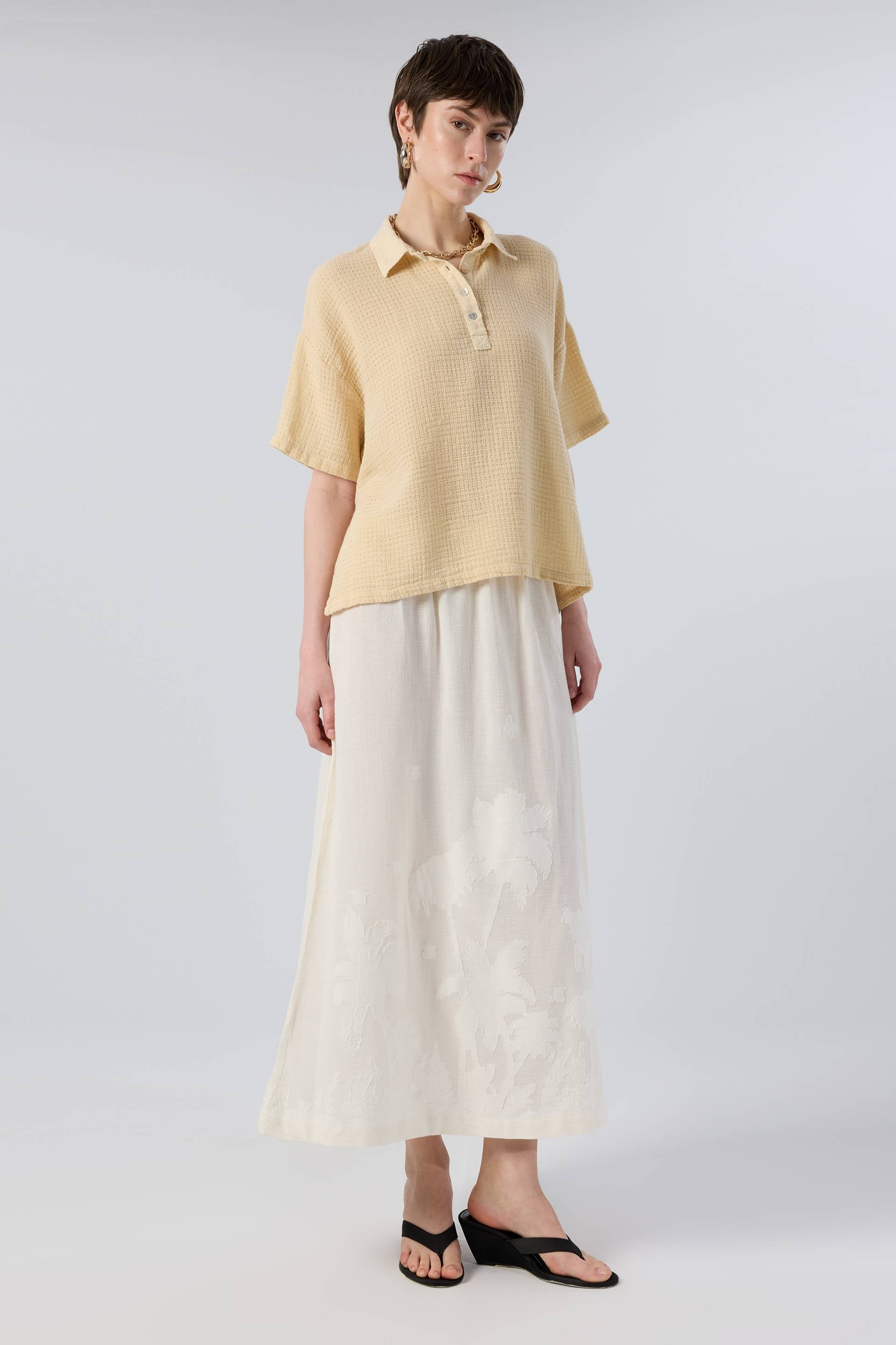 Palmiye Desenli Etamin Dokulu Midi Etek #renk_Doğal