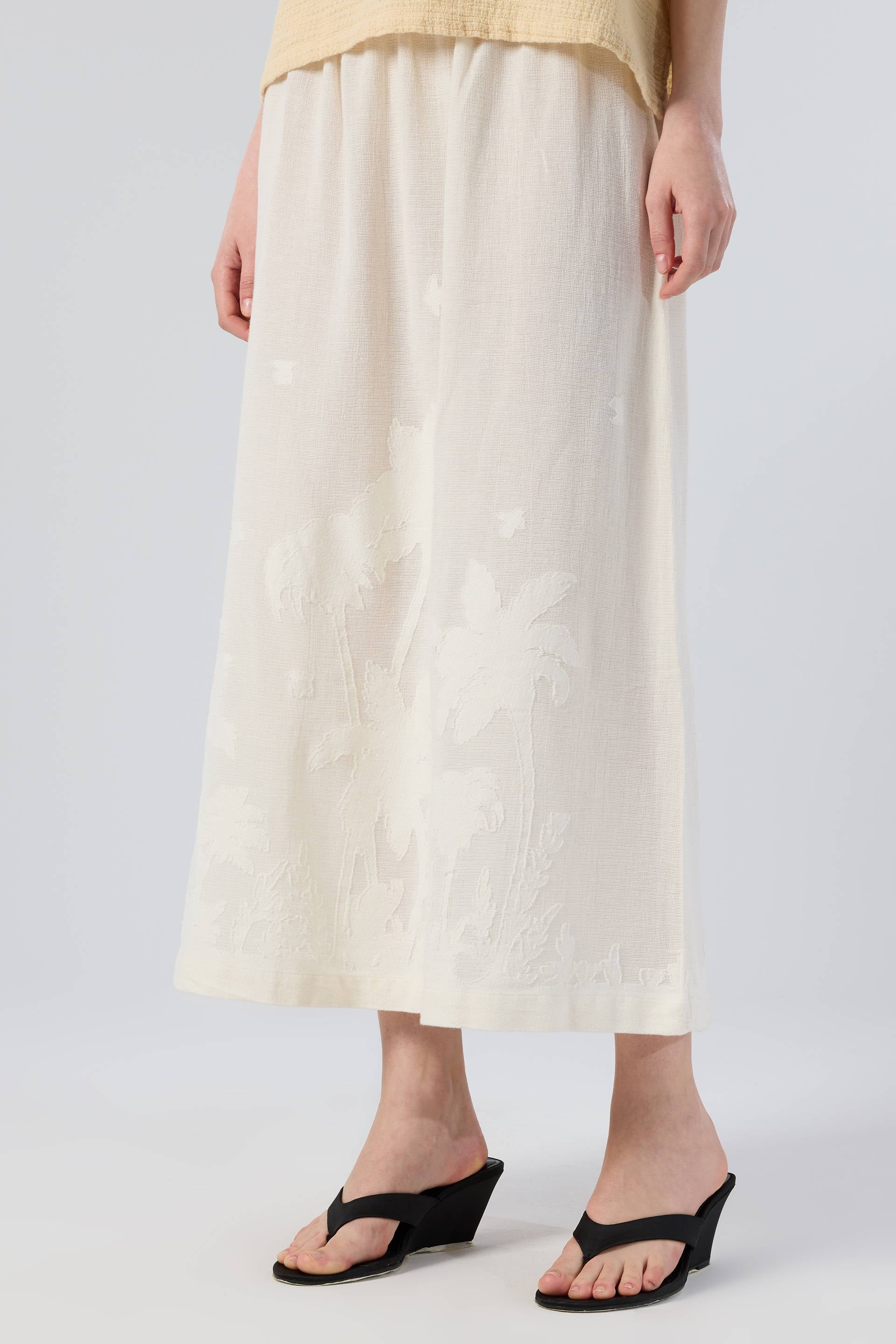 Palmiye Desenli Etamin Dokulu Midi Etek #renk_Doğal