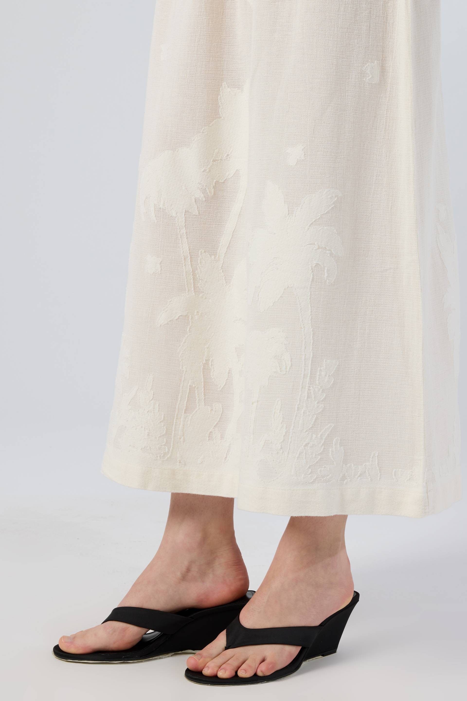 Palmiye Desenli Etamin Dokulu Midi Etek #renk_Doğal