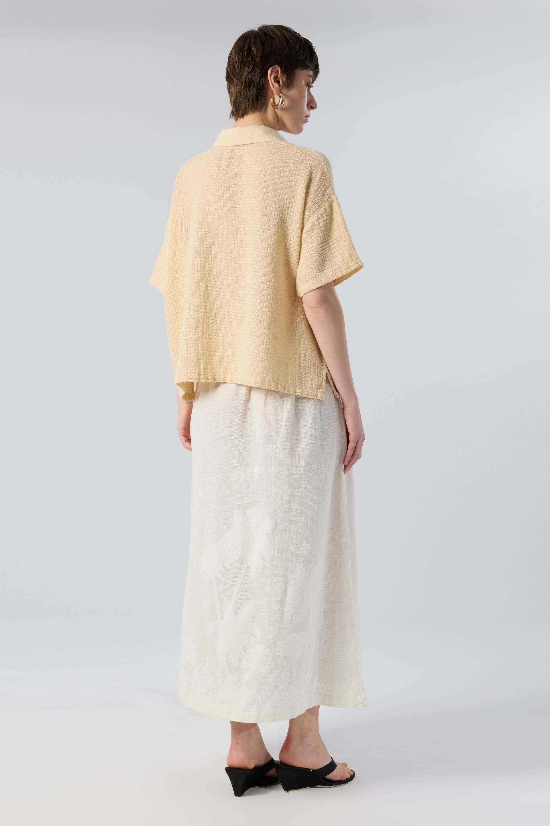 Palmiye Desenli Etamin Dokulu Midi Etek #renk_Doğal