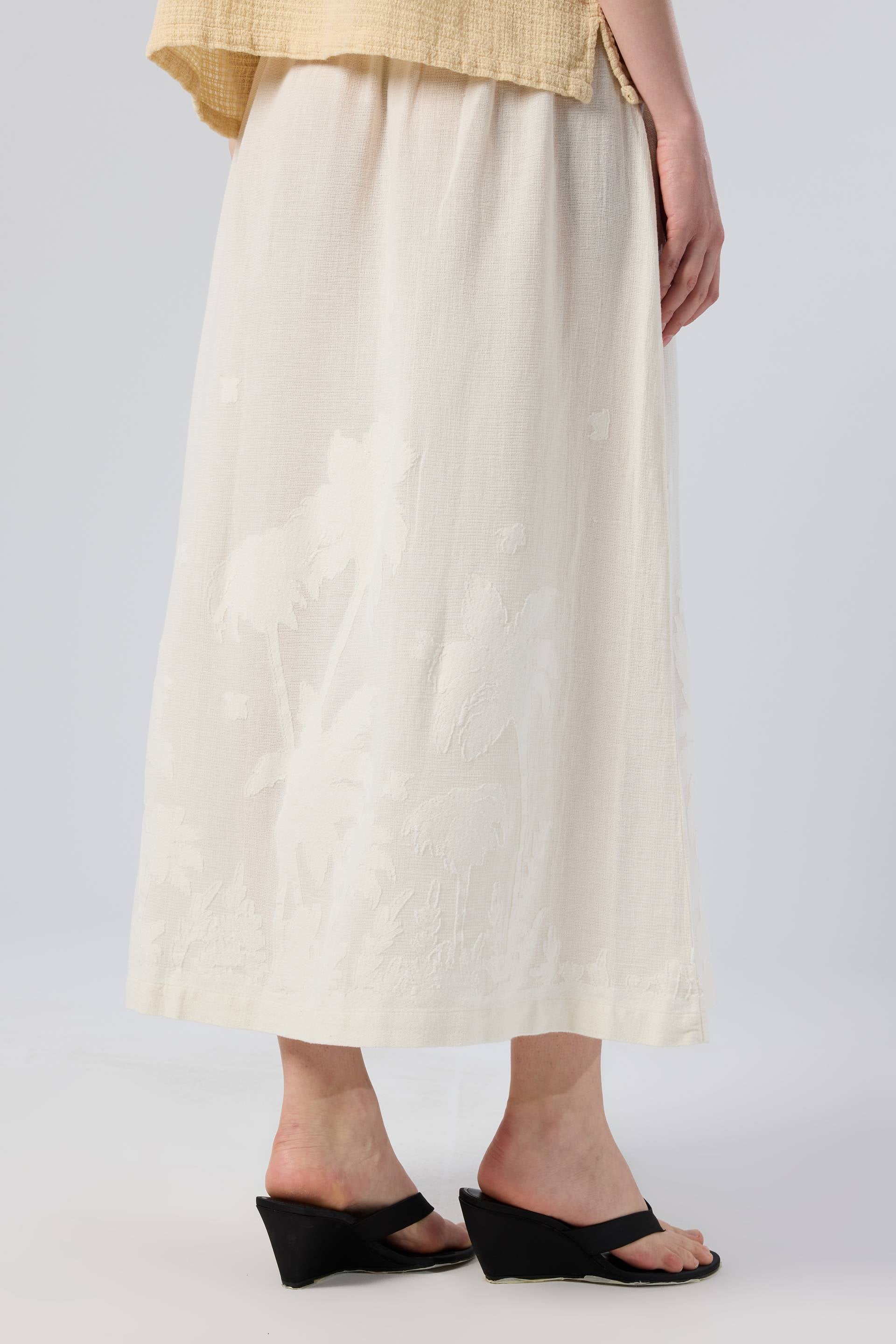 Palmiye Desenli Etamin Dokulu Midi Etek #renk_Doğal