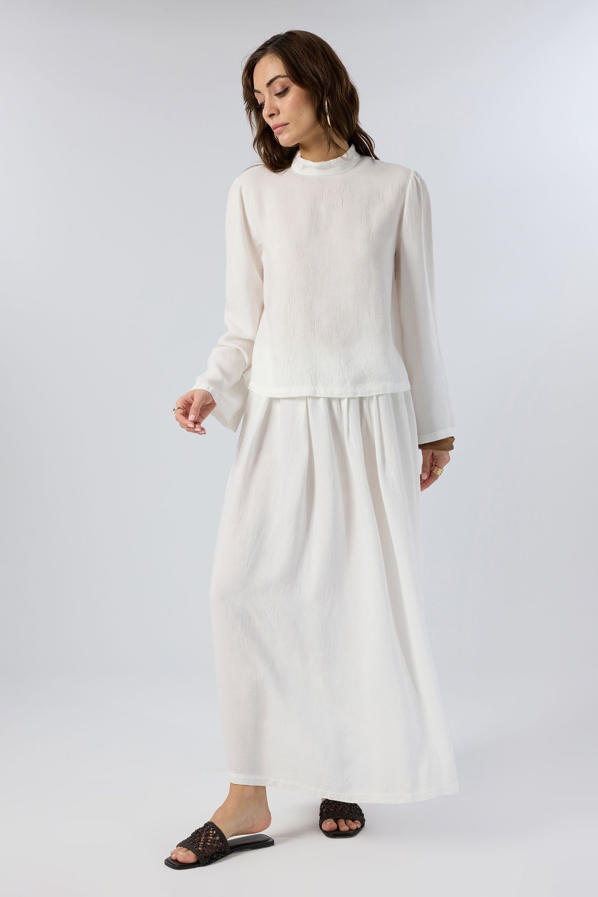 Woven Flora Jakar Tencel Uzun Çan Etek #renk_Beyaz