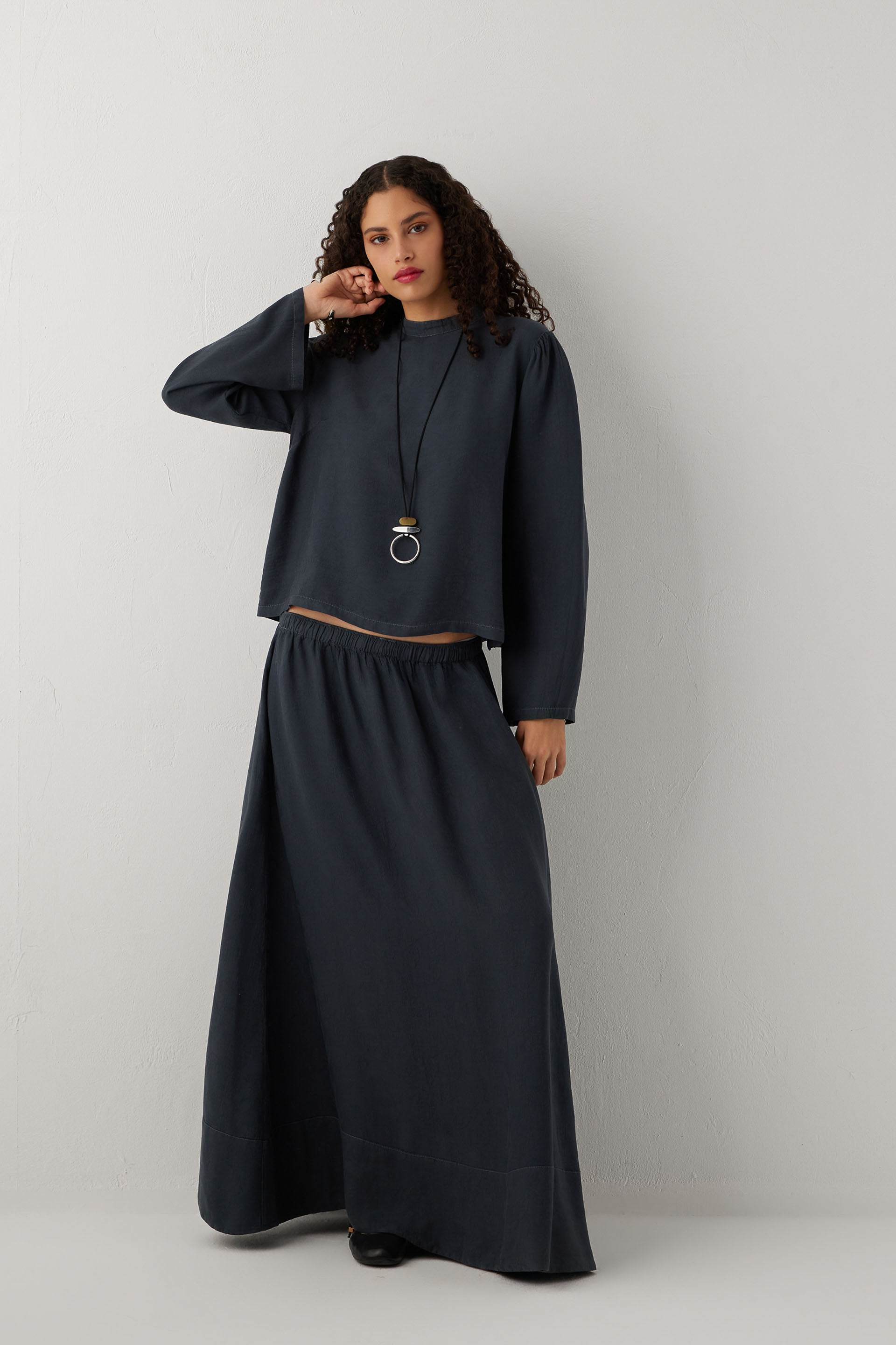 Woven Flora Dokulu Jakar Tensel Çan Kadın Maxi Etek #renk_Antrasit