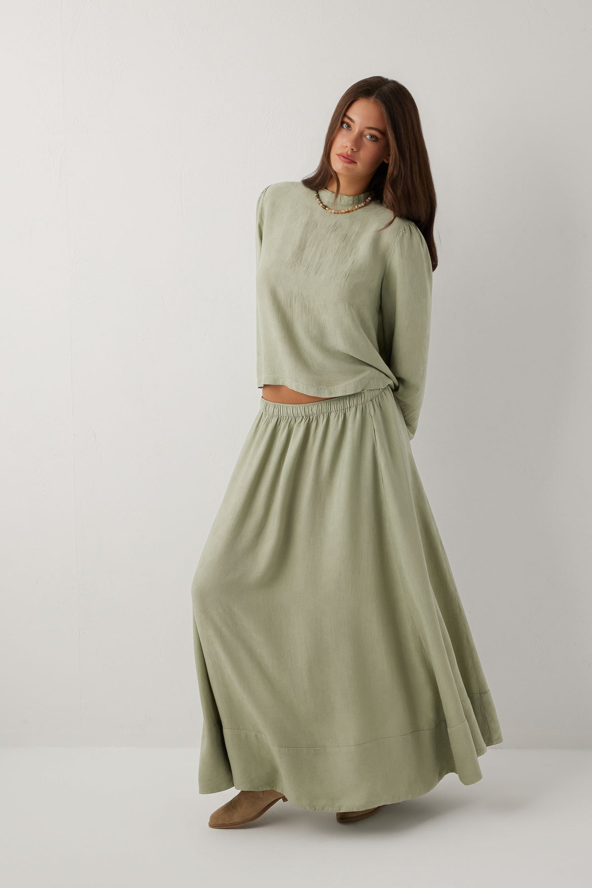 Woven Flora Dokulu Jakar Tensel Çan Kadın Maxi Etek #renk_Ada Çayı