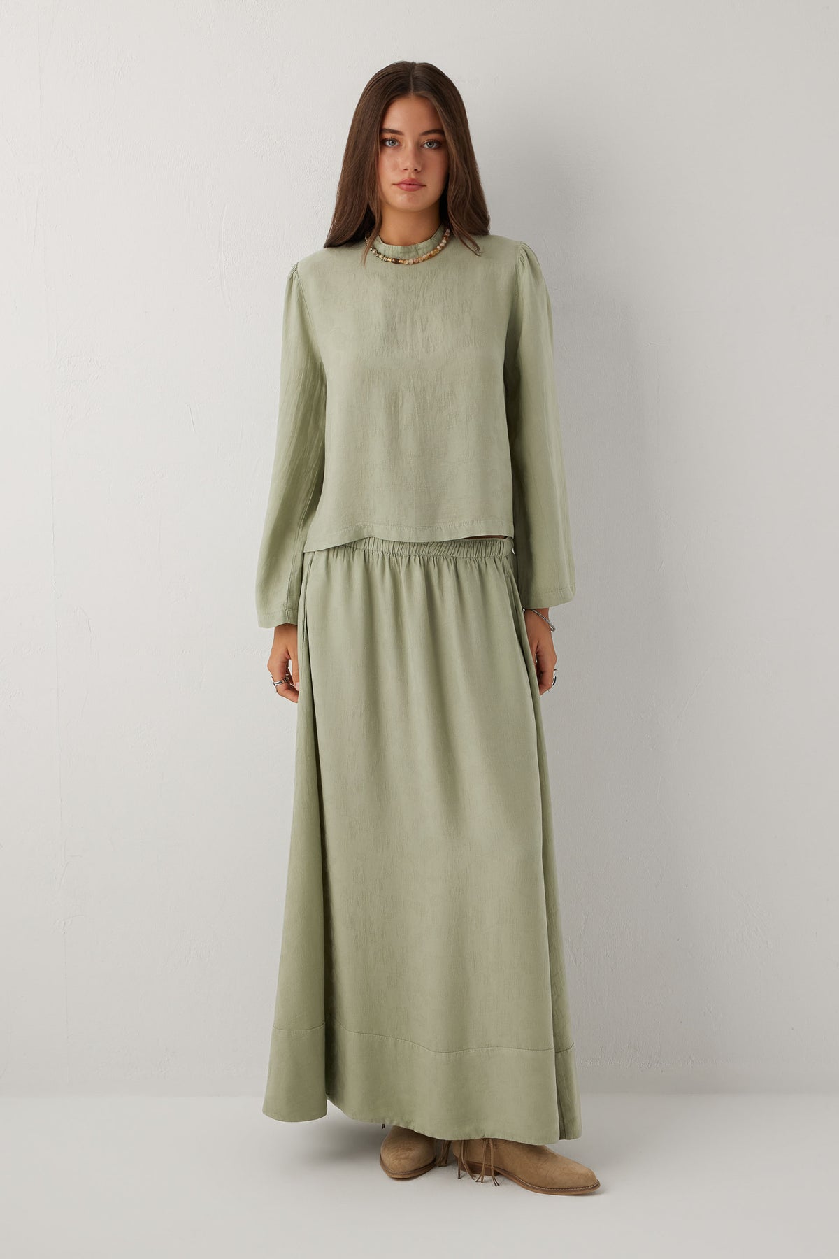 Woven Flora Dokulu Jakar Tensel Çan Kadın Maxi Etek #renk_Ada Çayı