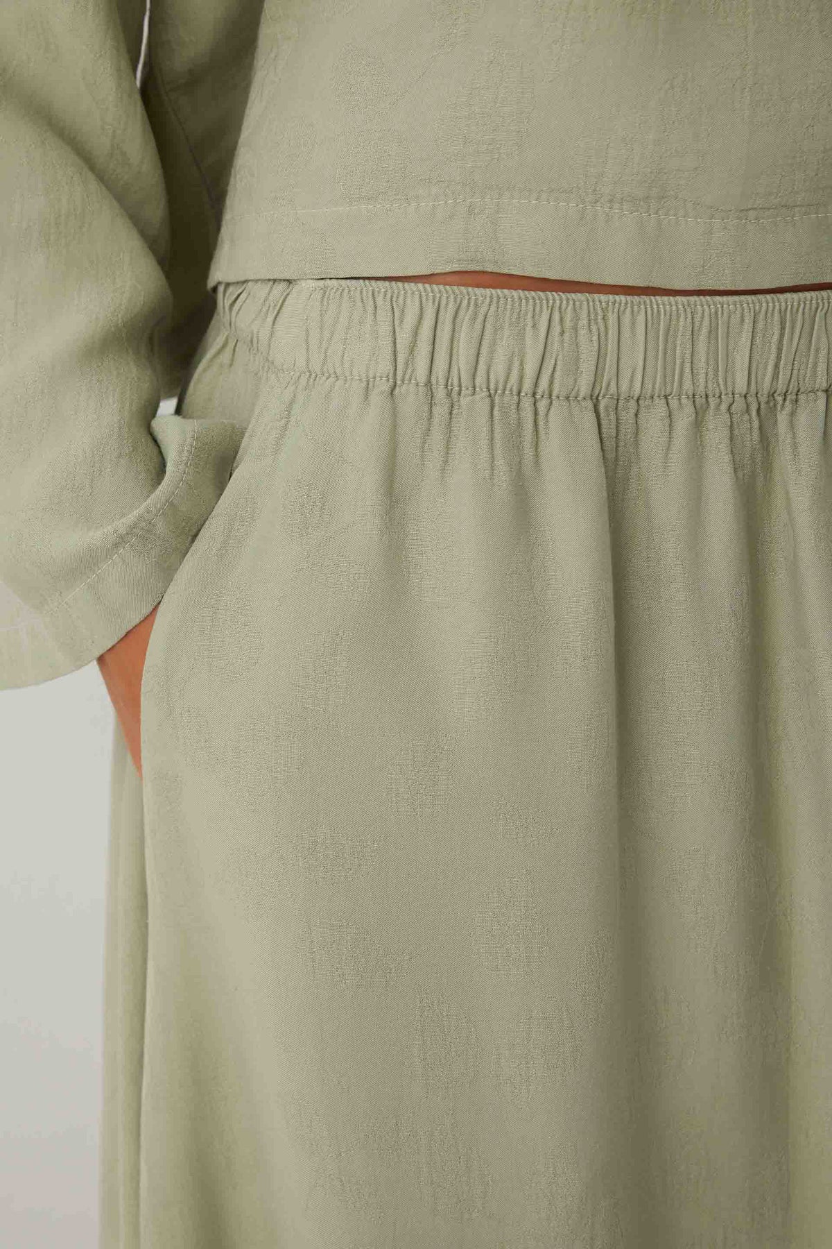 Woven Flora Dokulu Jakar Tensel Çan Kadın Maxi Etek #renk_Ada Çayı