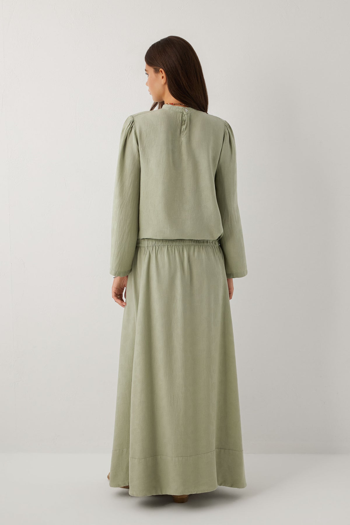 Woven Flora Dokulu Jakar Tensel Çan Kadın Maxi Etek #renk_Ada Çayı