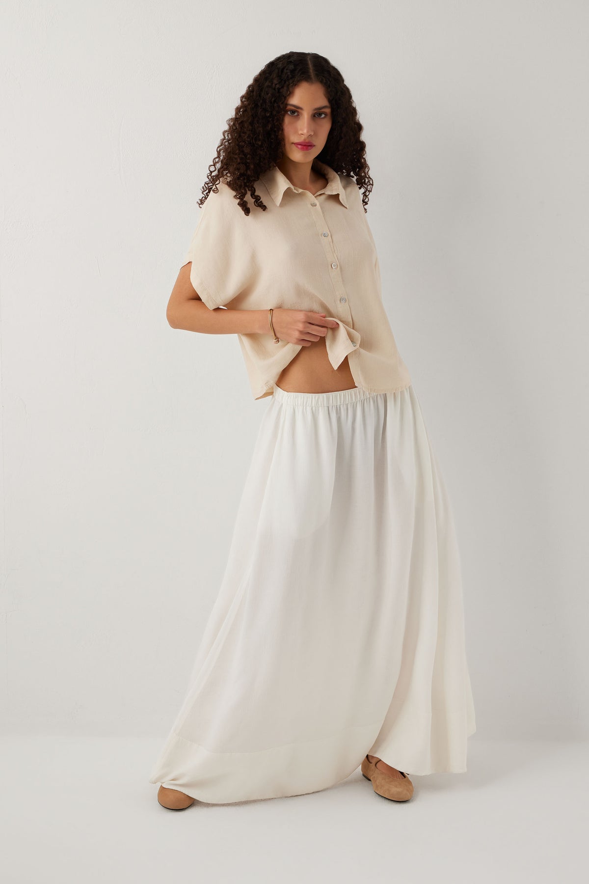 Woven Flora Dokulu Jakar Tensel Çan Kadın Maxi Etek #renk_Beyaz