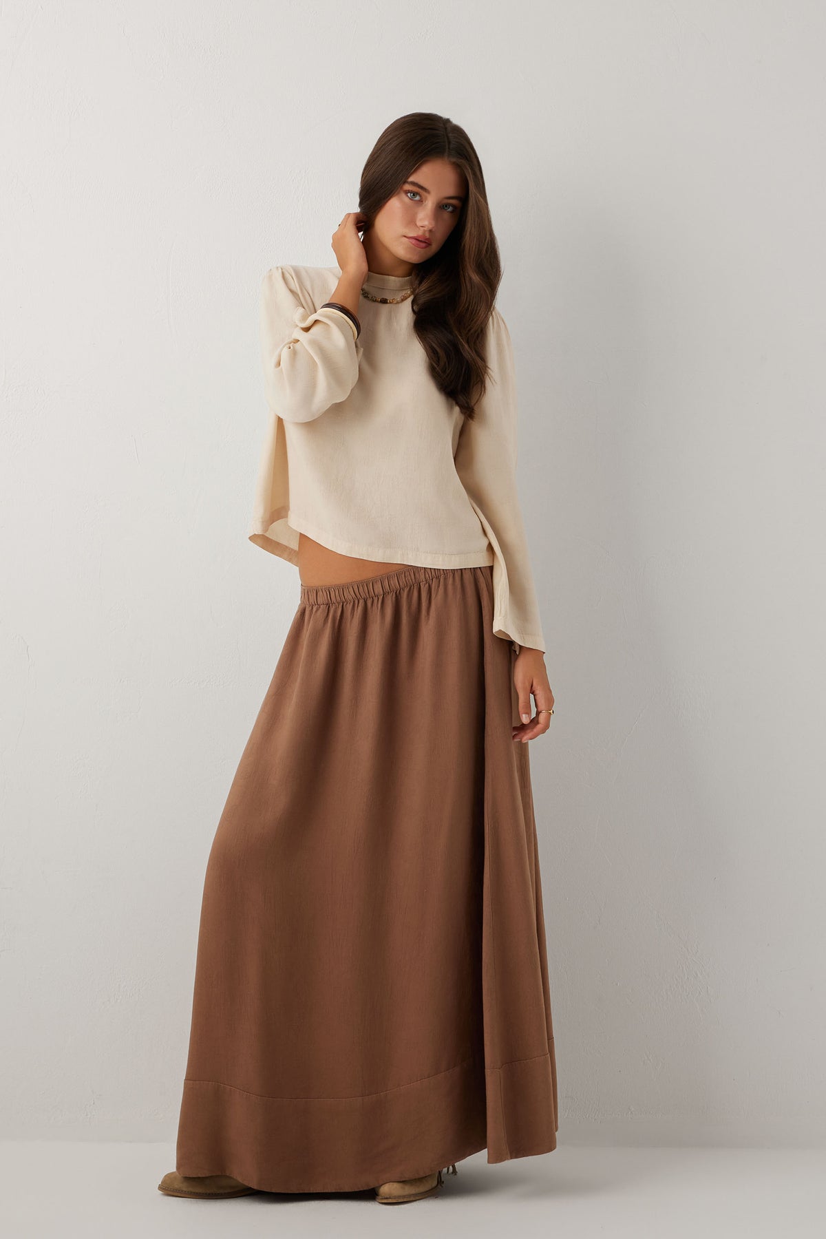 Woven Flora Dokulu Jakar Tensel Çan Kadın Maxi Etek #renk_Kahve