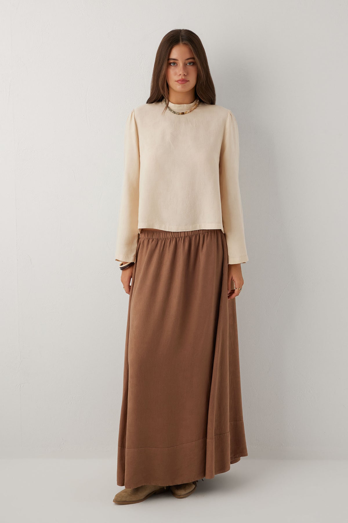 Woven Flora Dokulu Jakar Tensel Çan Kadın Maxi Etek #renk_Kahve