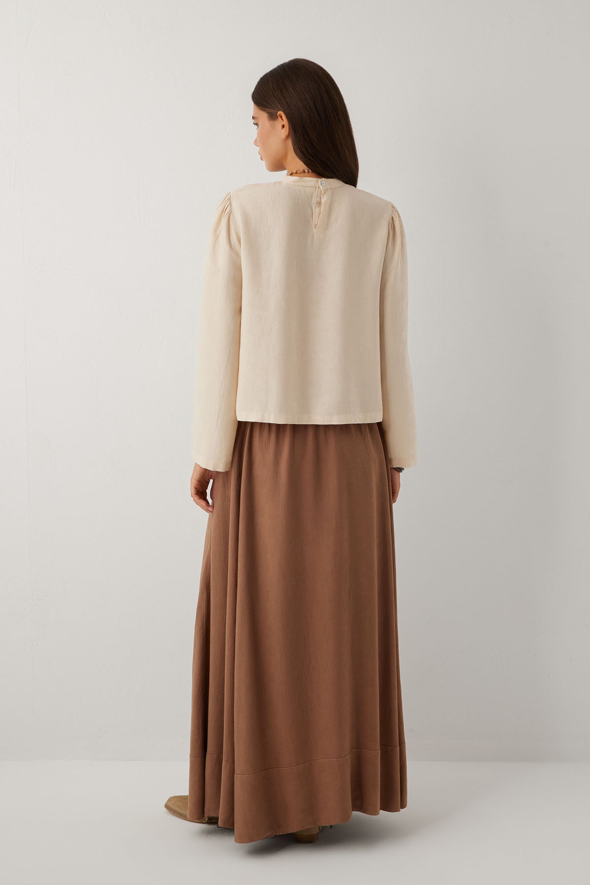 Woven Flora Dokulu Jakar Tensel Çan Kadın Maxi Etek #renk_Kahve