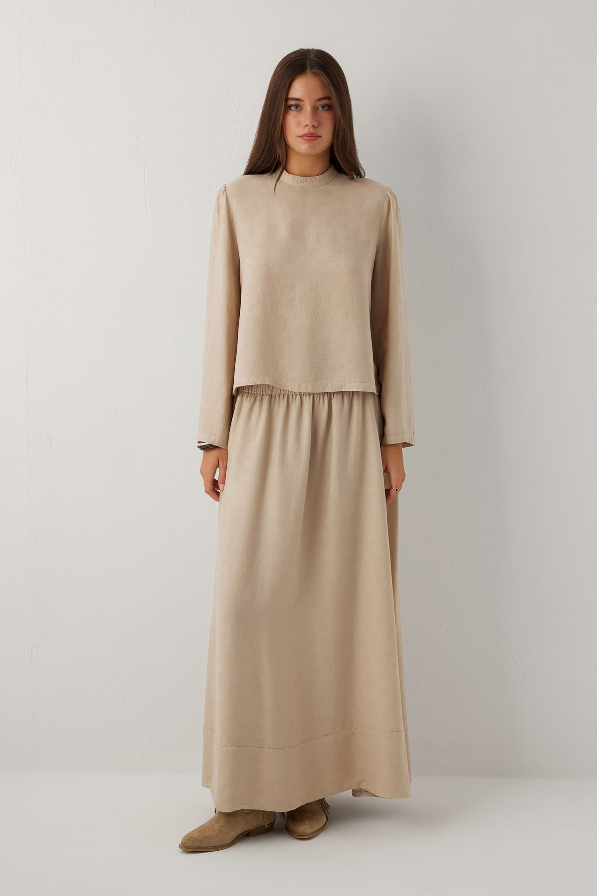 Woven Flora Dokulu Jakar Tensel Çan Kadın Maxi Etek #renk_Vizon