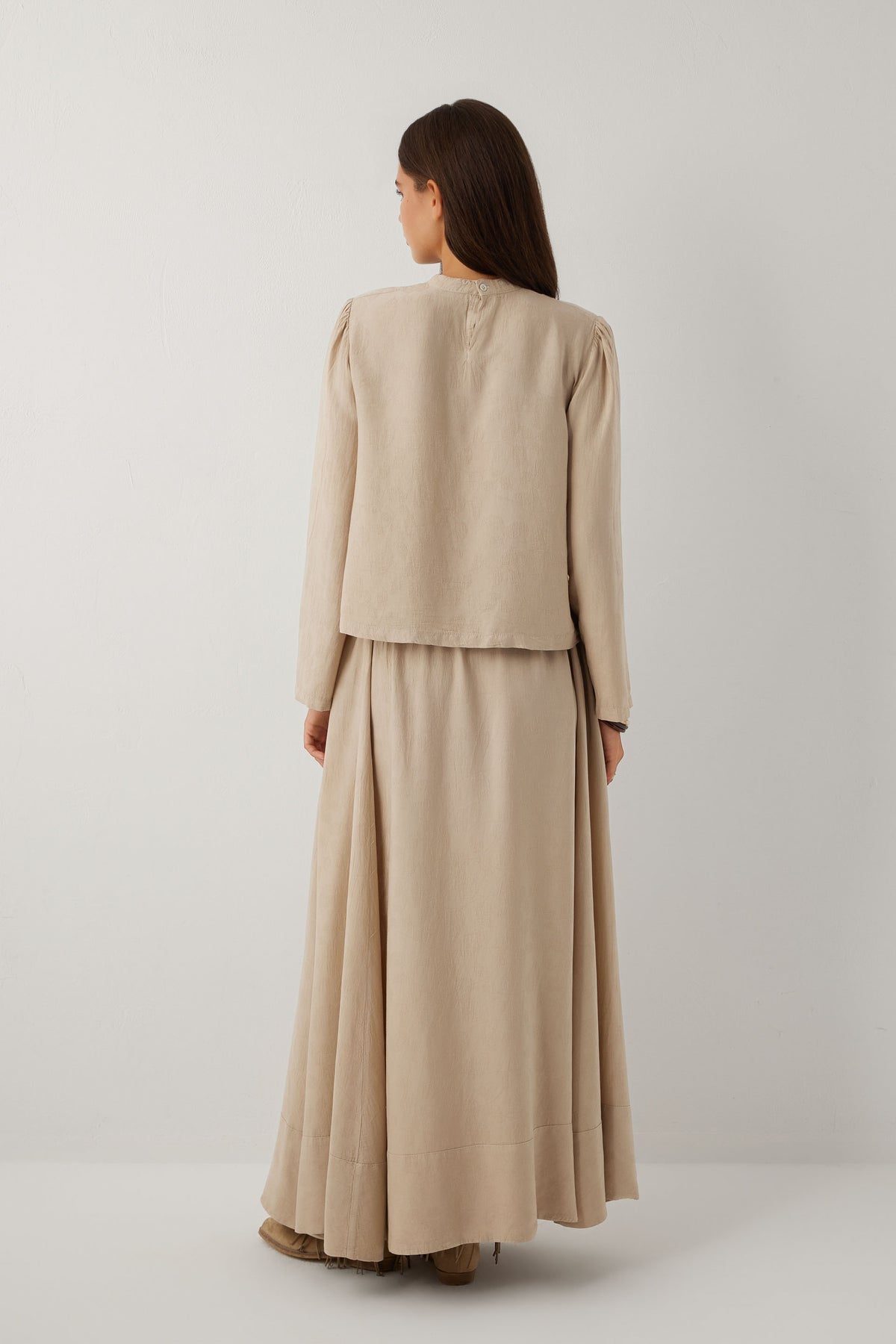 Woven Flora Dokulu Jakar Tensel Çan Kadın Maxi Etek #renk_Vizon